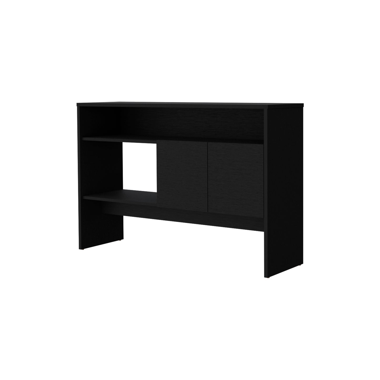 Modern black console table with two doors and open shelves perfect for entryways or living rooms