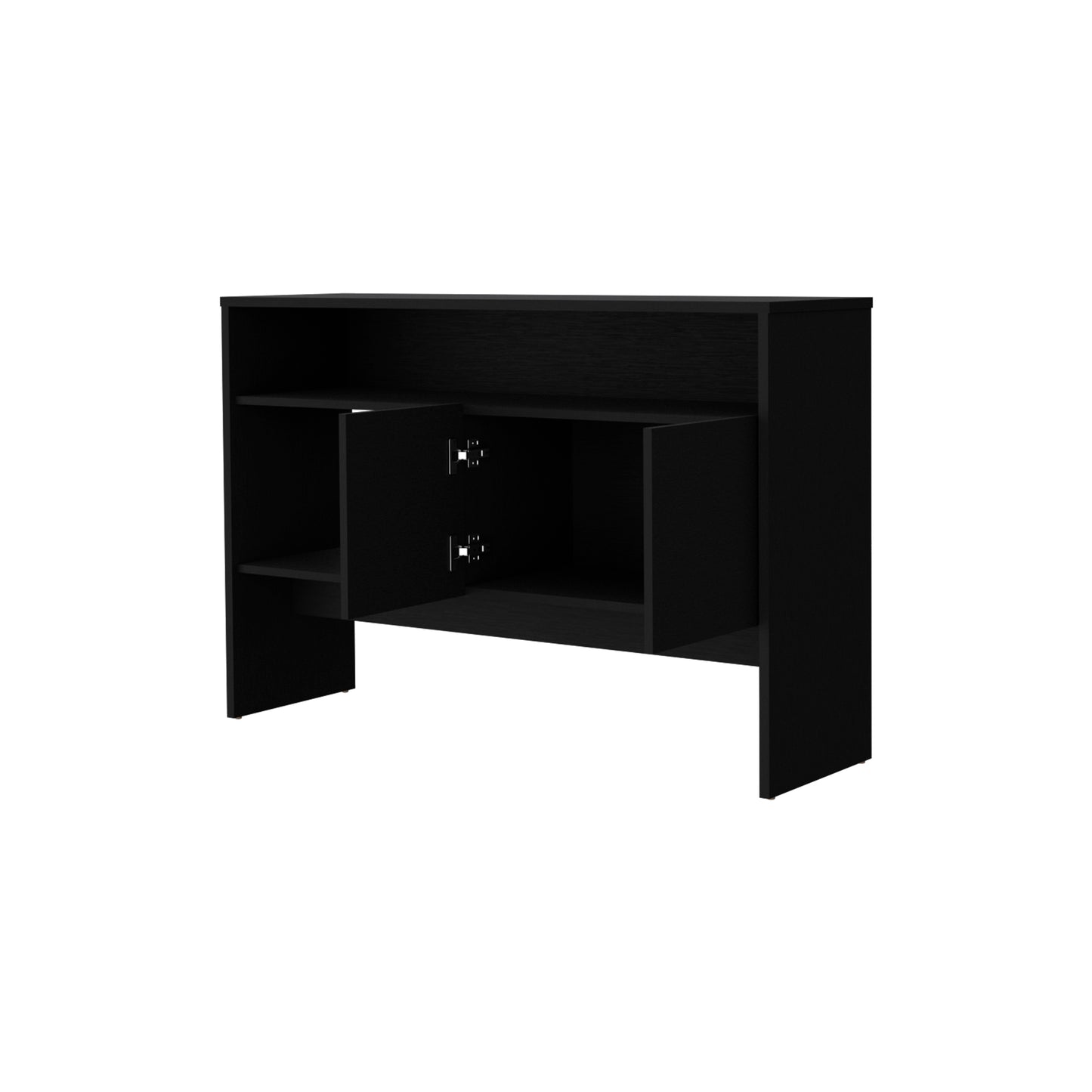 Modern black media console with open shelves and two cabinet doors ideal for living rooms
