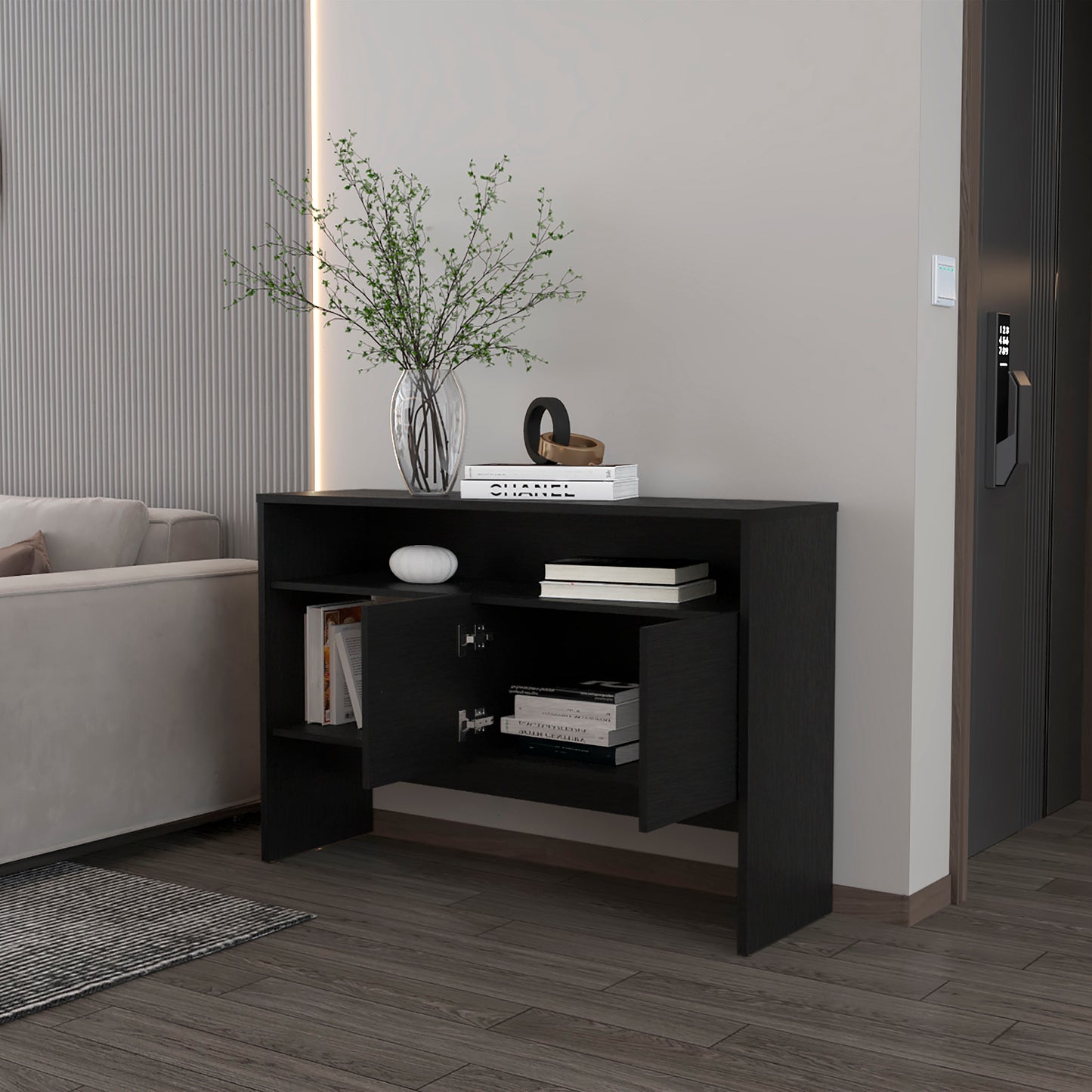 Black modern console table with open doors and books