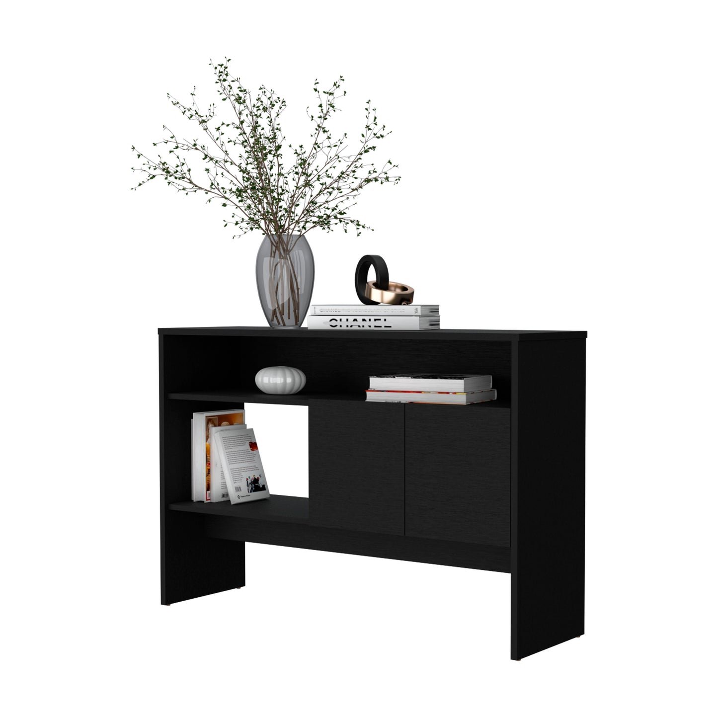 Sleek black console table with open shelving perfect for entryway decor and storage