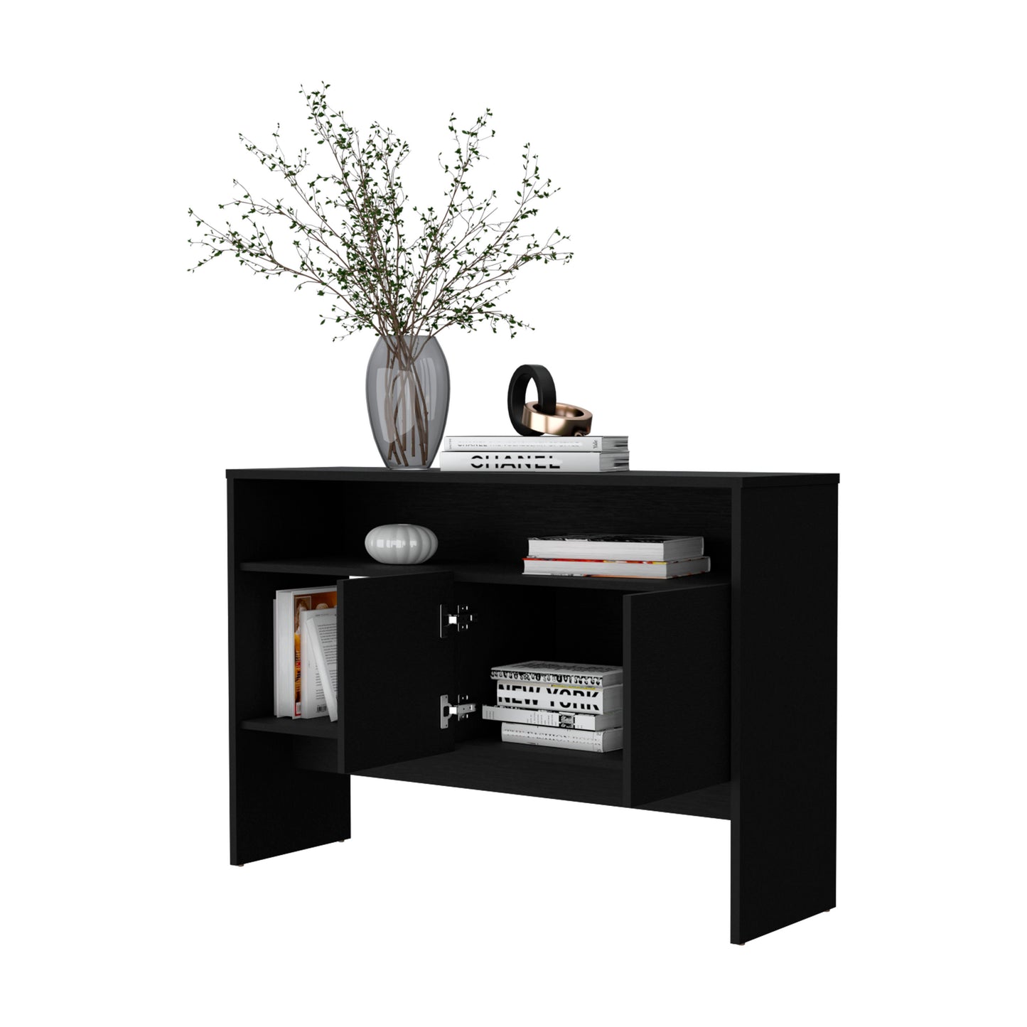 Sleek black modern console table with open shelving and cabinet doors perfect for entryway storage