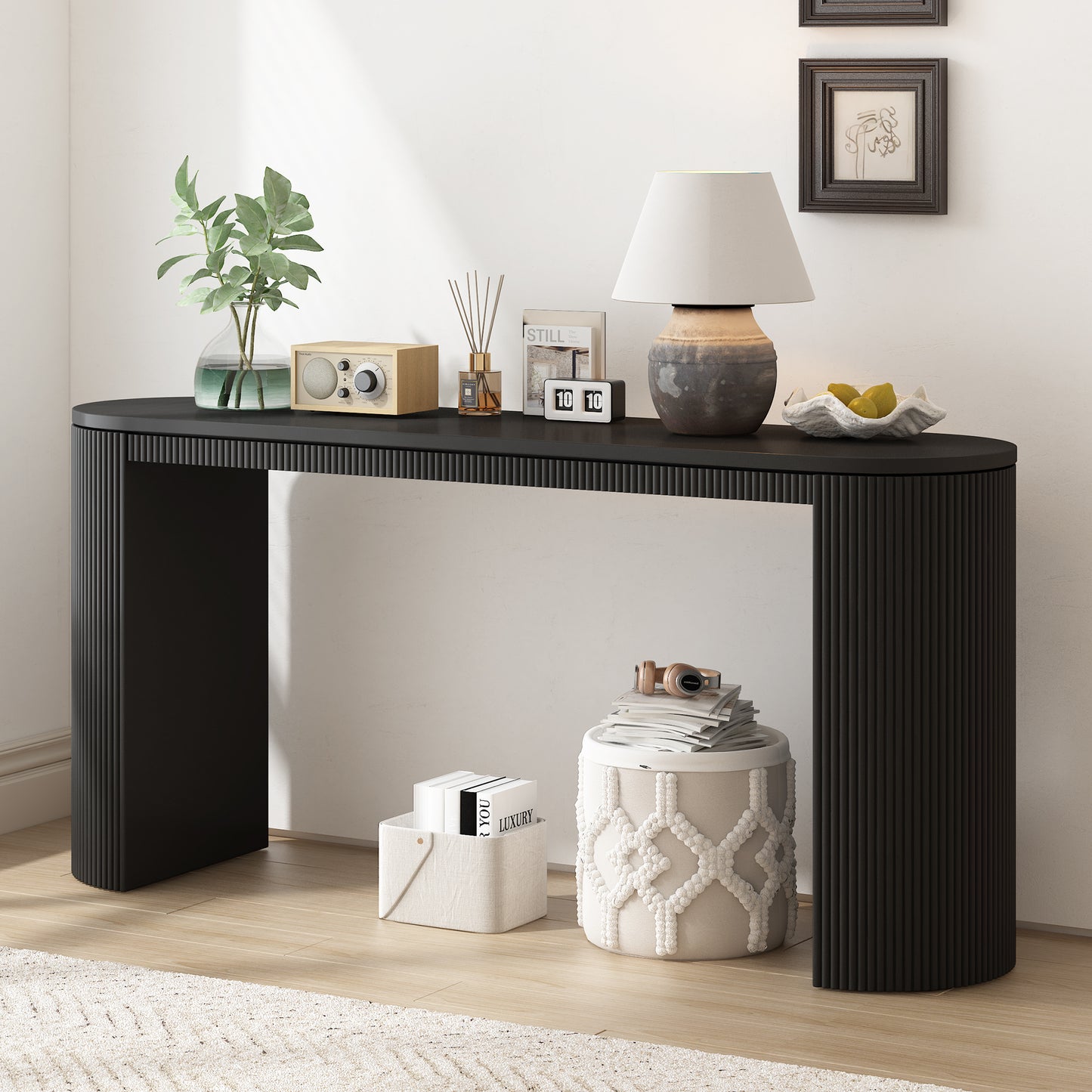 Black ribbed entryway console table with modern clean lines for stylish storage