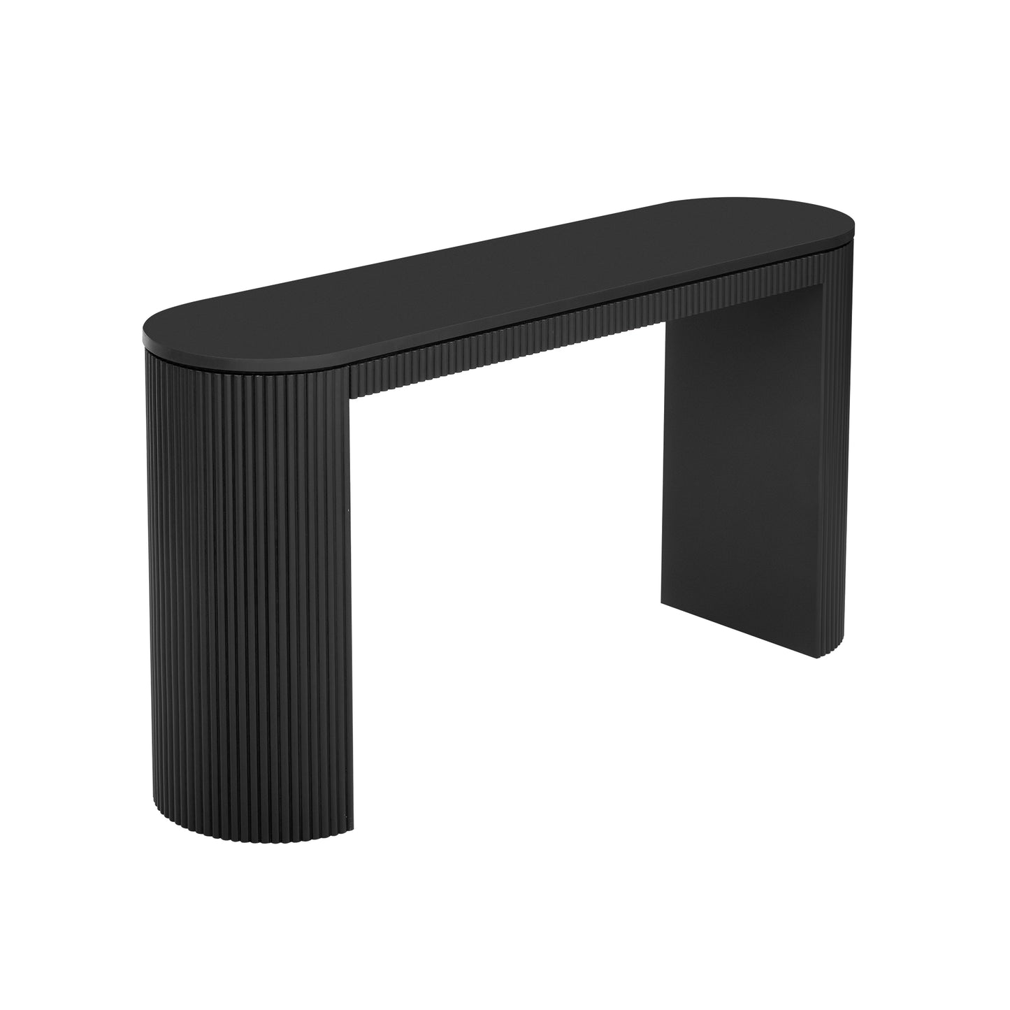 Black fluted console table with a curved oval top and a solid leg
