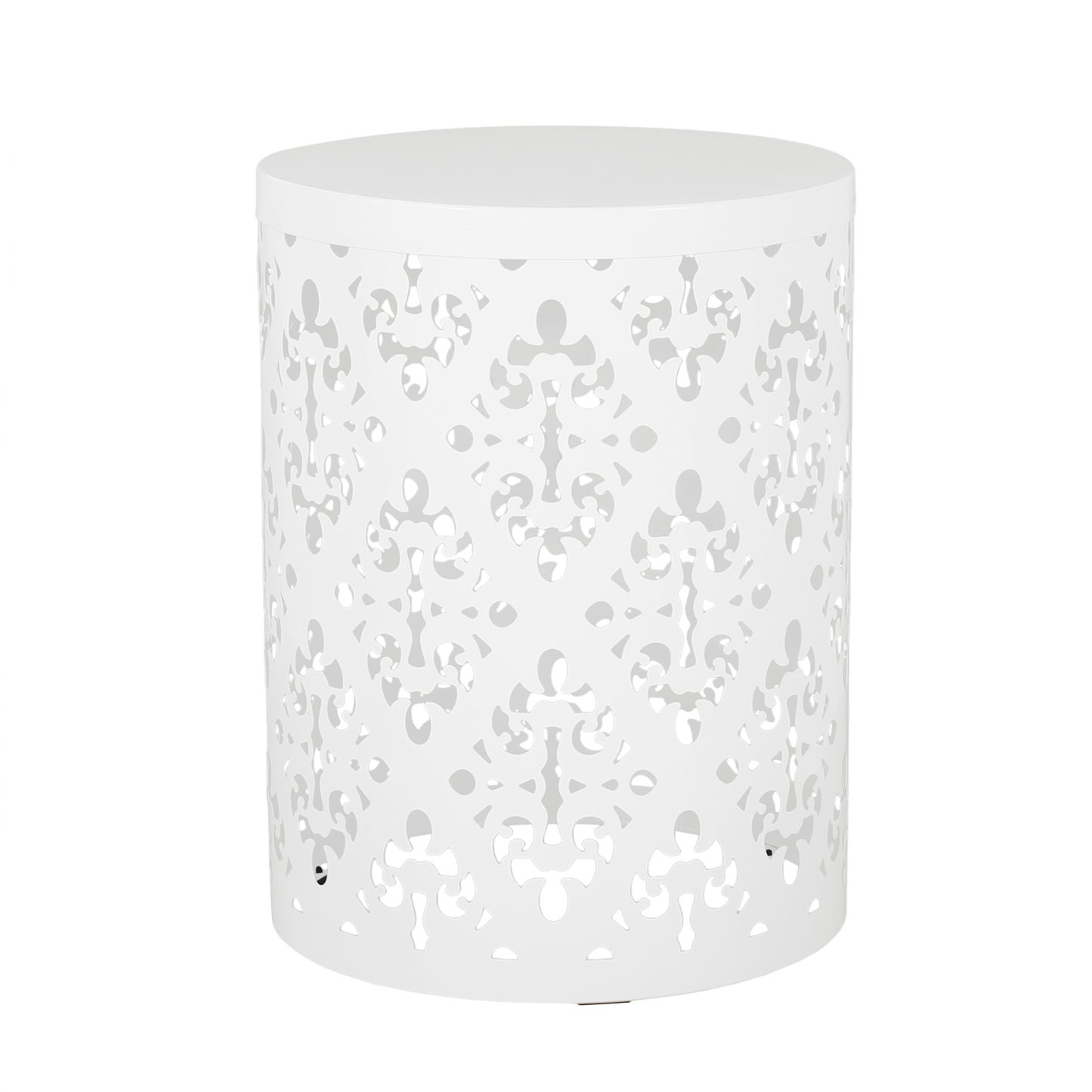 White metal side table with intricate lasercut scroll pattern