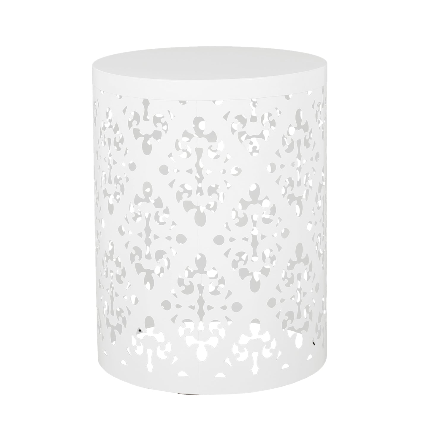 White metal side table with lasercut ornate floral pattern