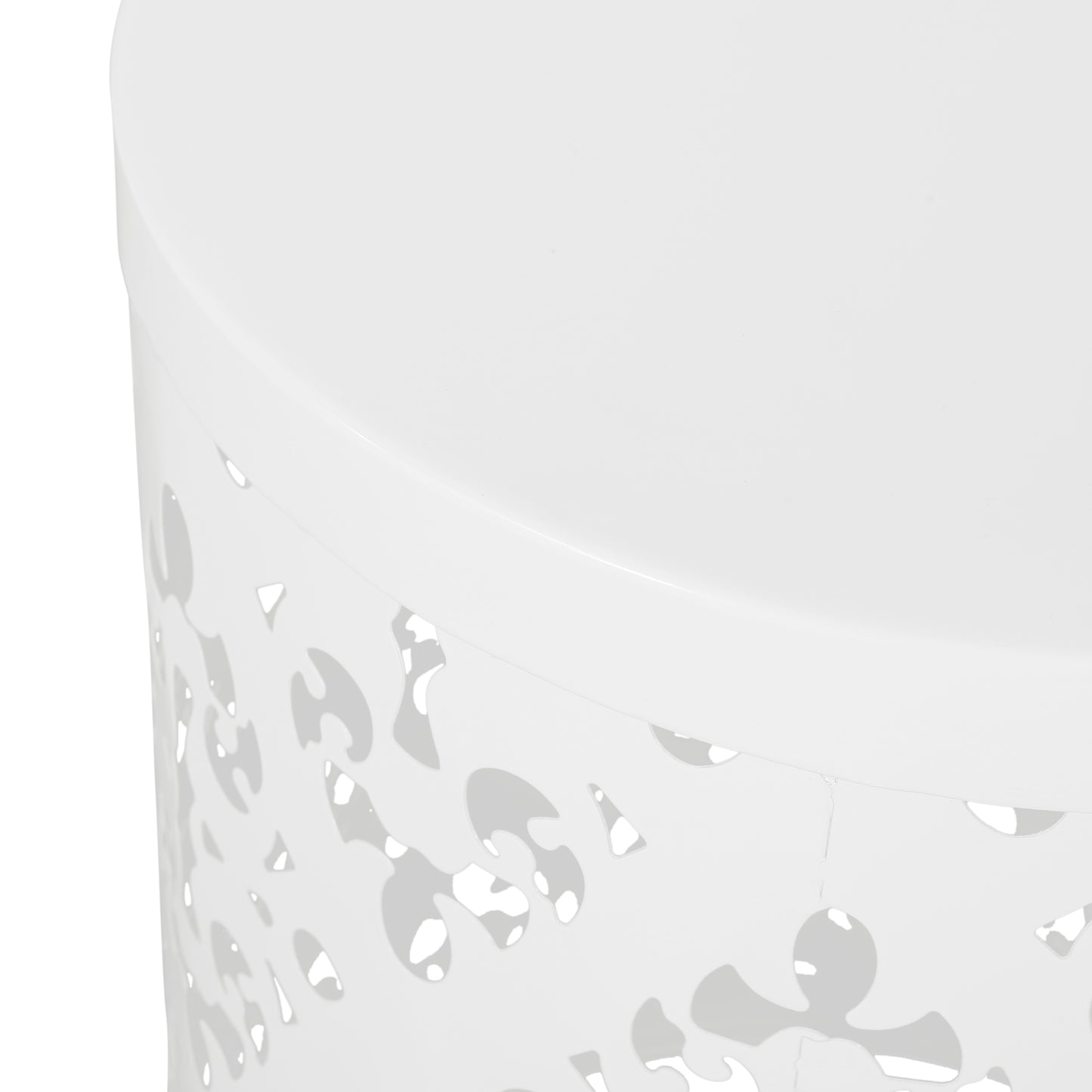 White outdoor side table with abstract lasercut pattern perfect for patio use