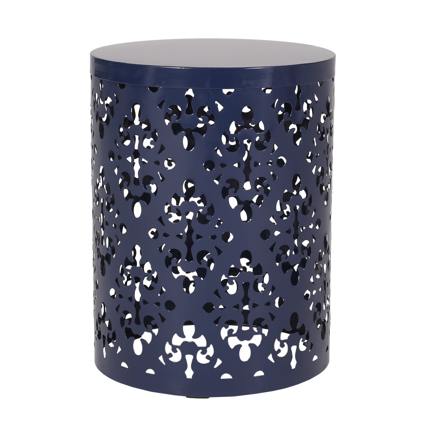 Navy blue metal side table with intricate lasercut floral pattern