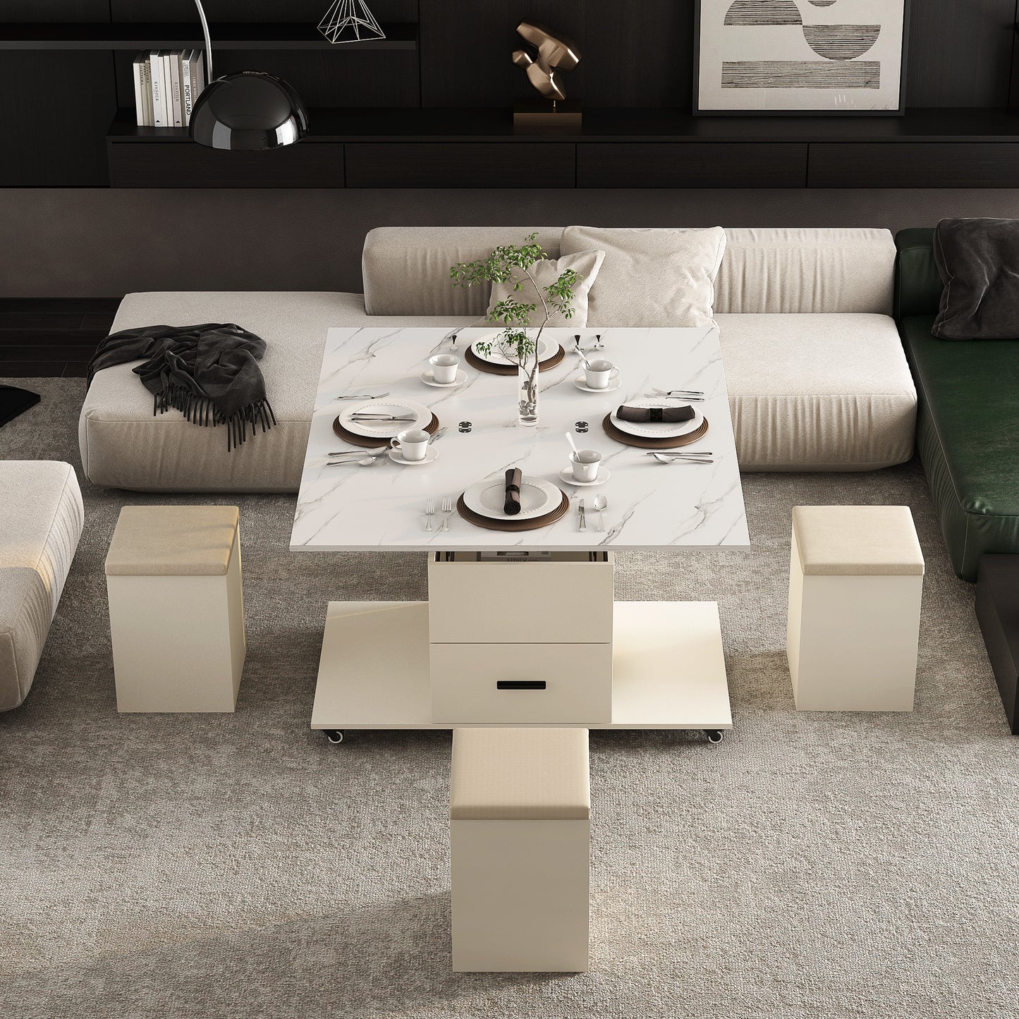 Modern lifttop coffee table with white marble effect and integrated storage