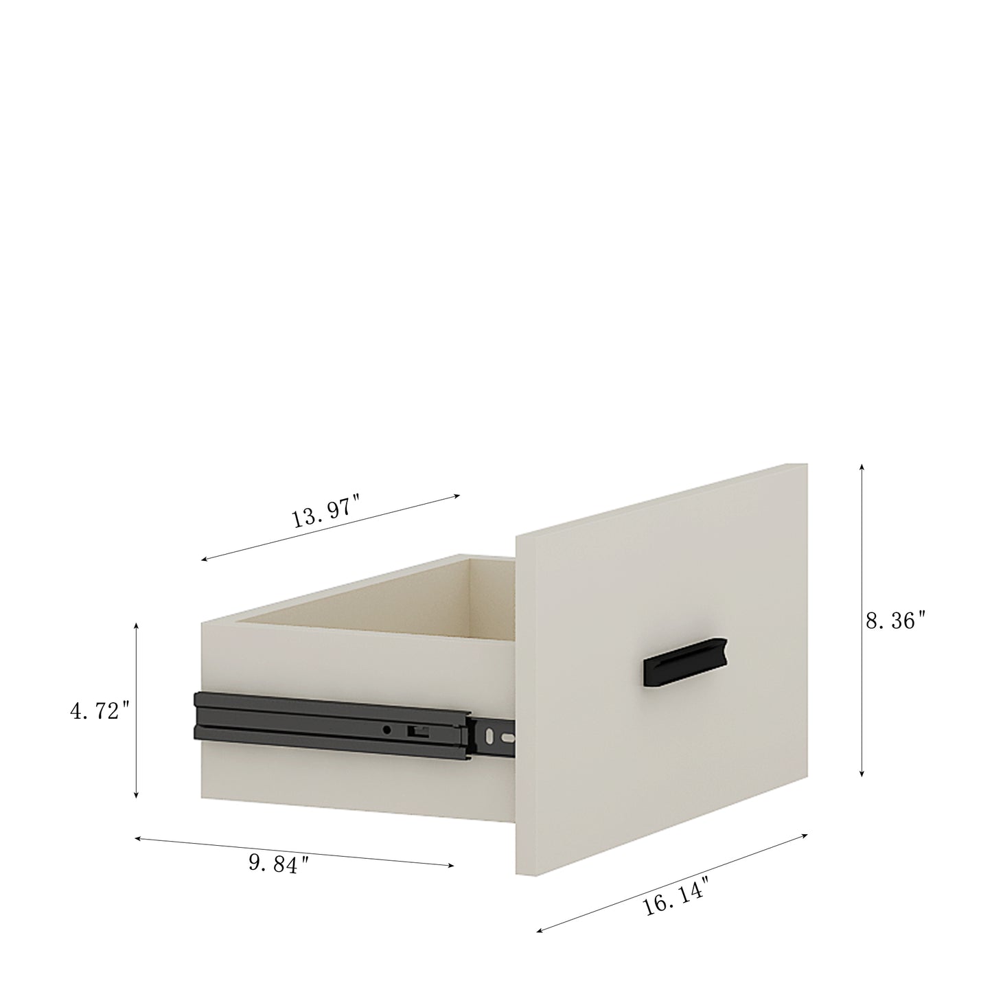 Light beige filing cabinet drawer with black hardware W x D x H