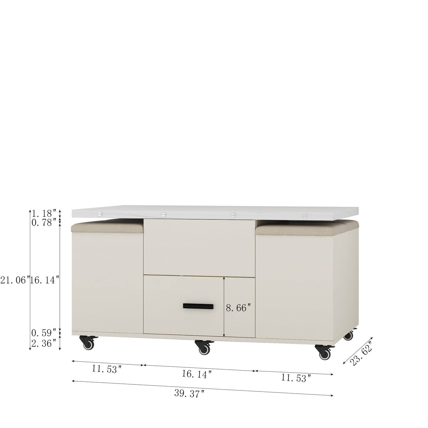 Cream storage ottoman with drawer and casters featuring hidden seating for living rooms
