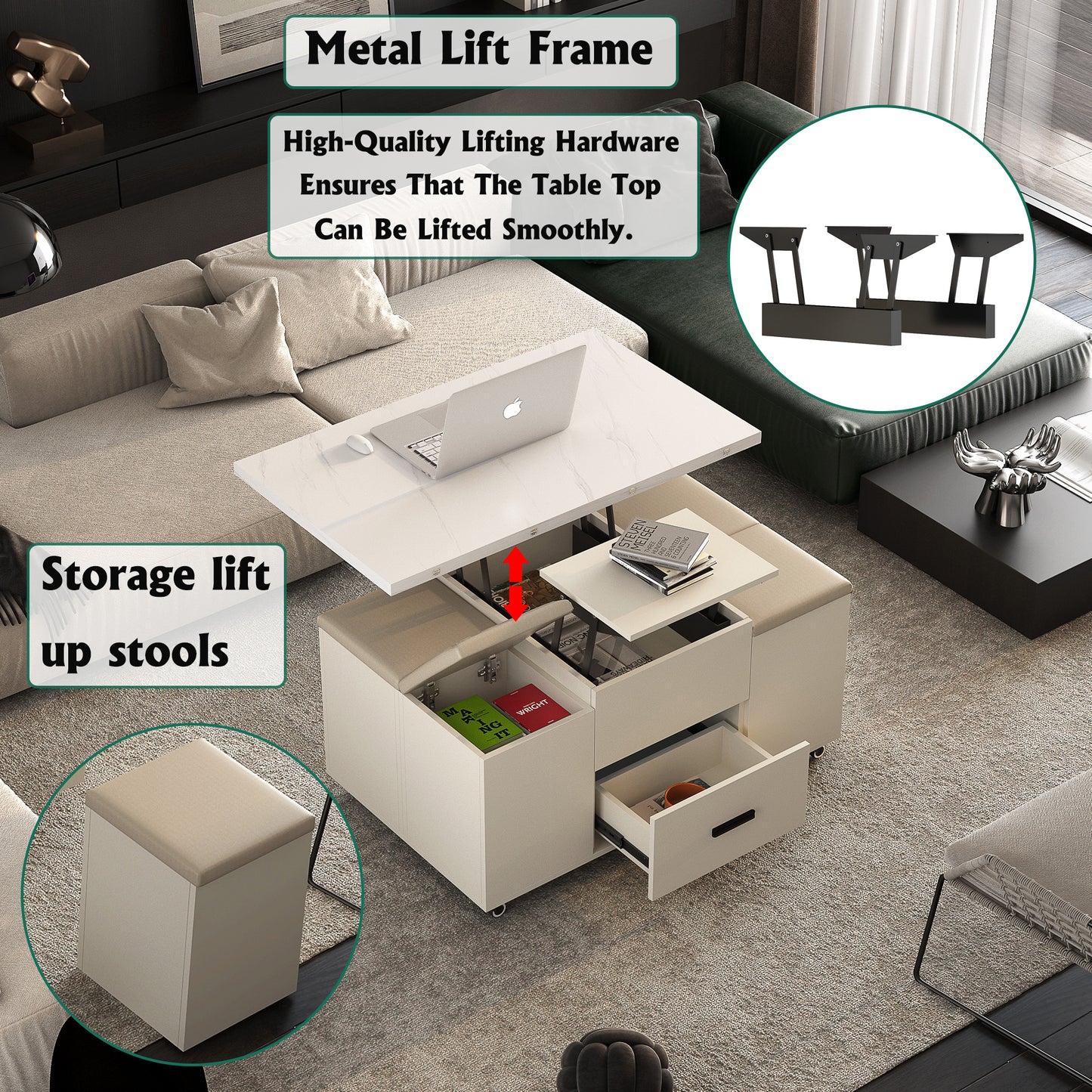 Modern lift top coffee table with integrated storage drawers and lifting stools white marble finish