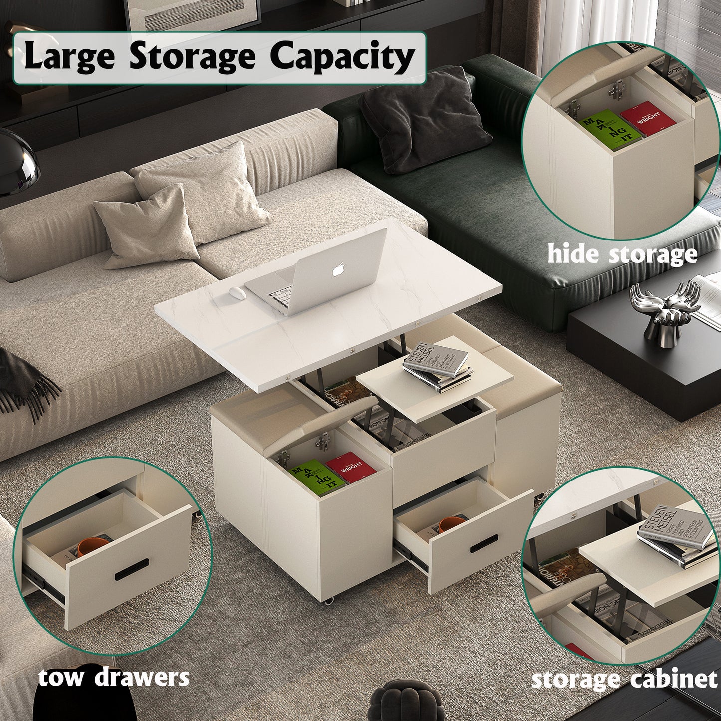 Modern lift top coffee table with hidden storage compartments and pullout drawers