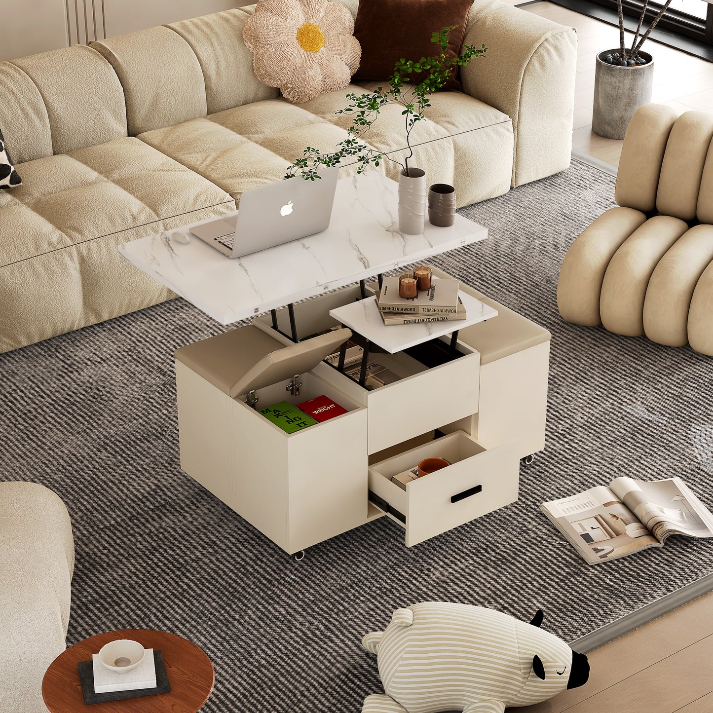 Modern lift top coffee table with white marble effect and ample storage ideal for living rooms