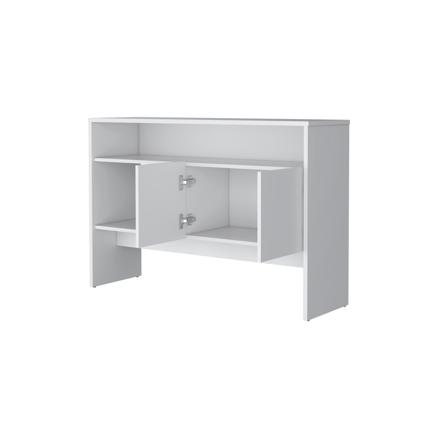 White minimalist hallway cabinet with open doors and shelf space