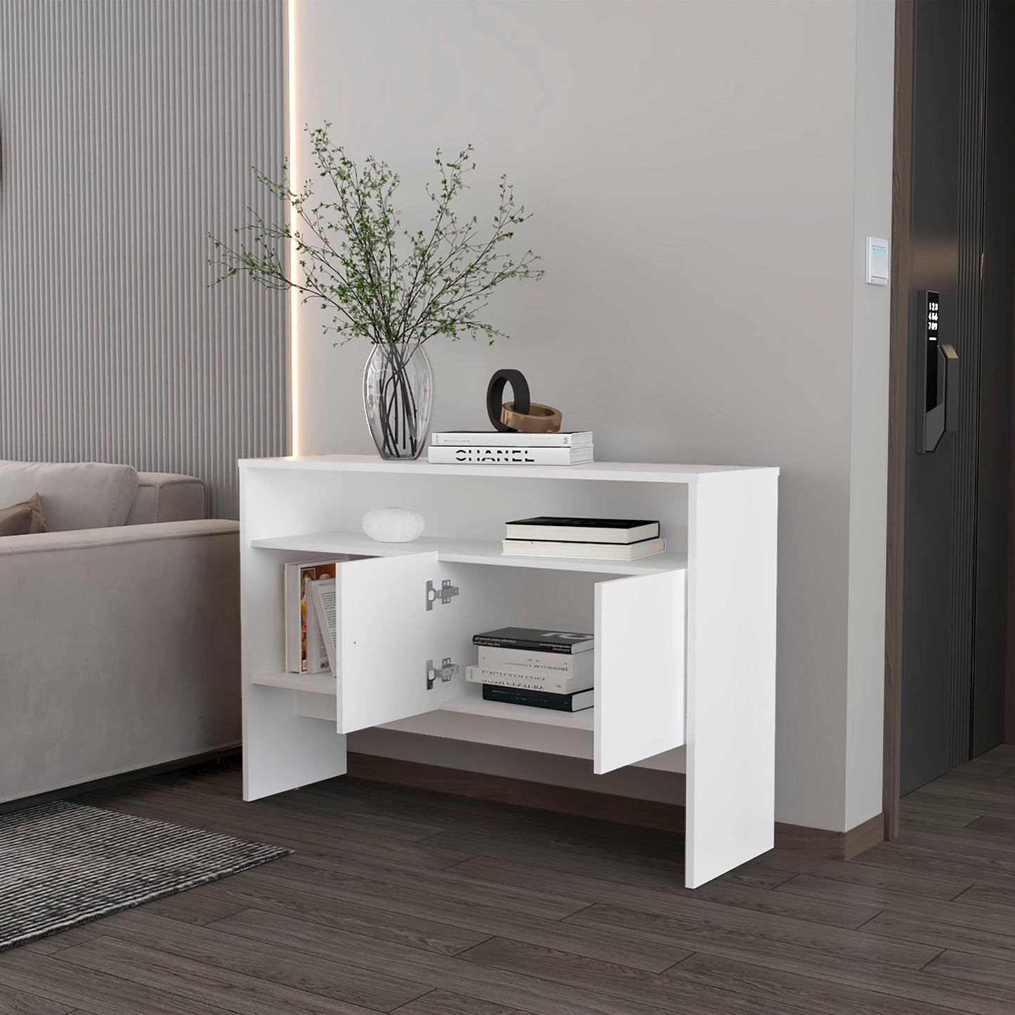 Modern white accent console table with open shelves and cabinet doors for entryway storage