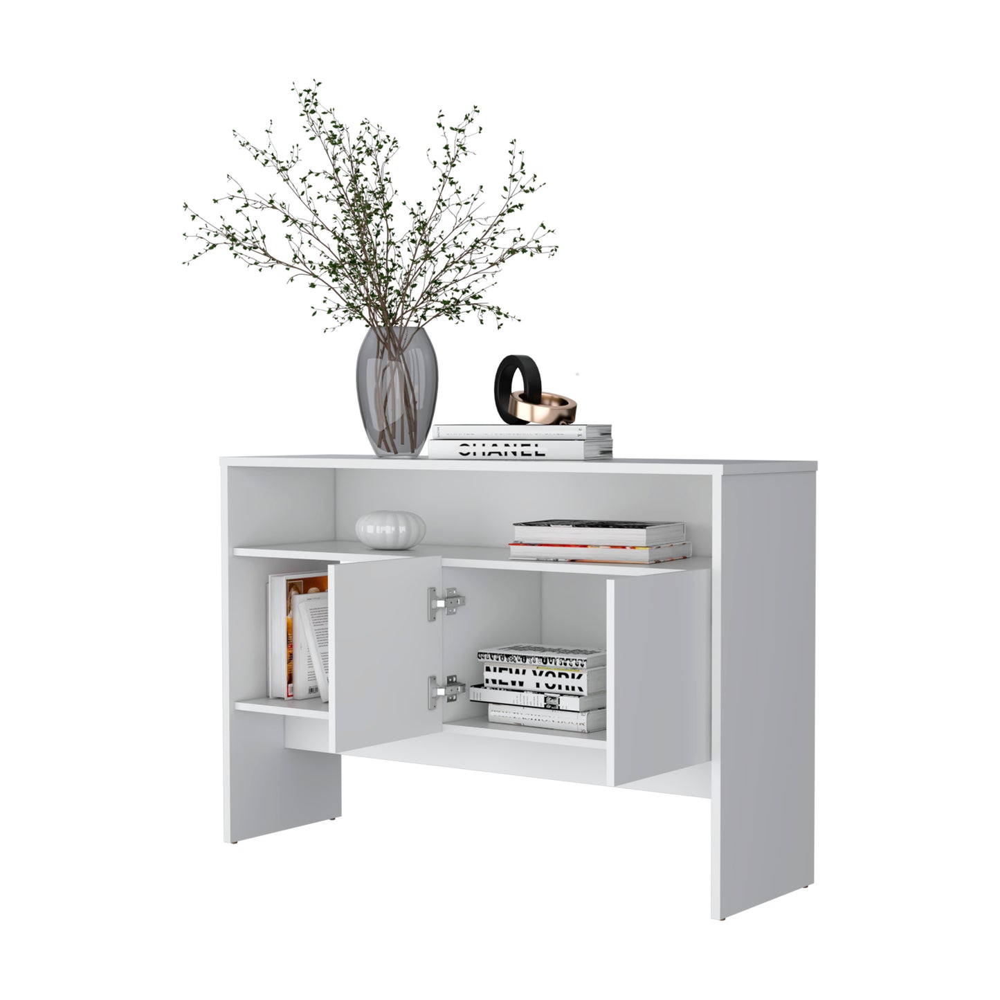 White modern console table with open shelving and closed cabinet perfect for entryway storage