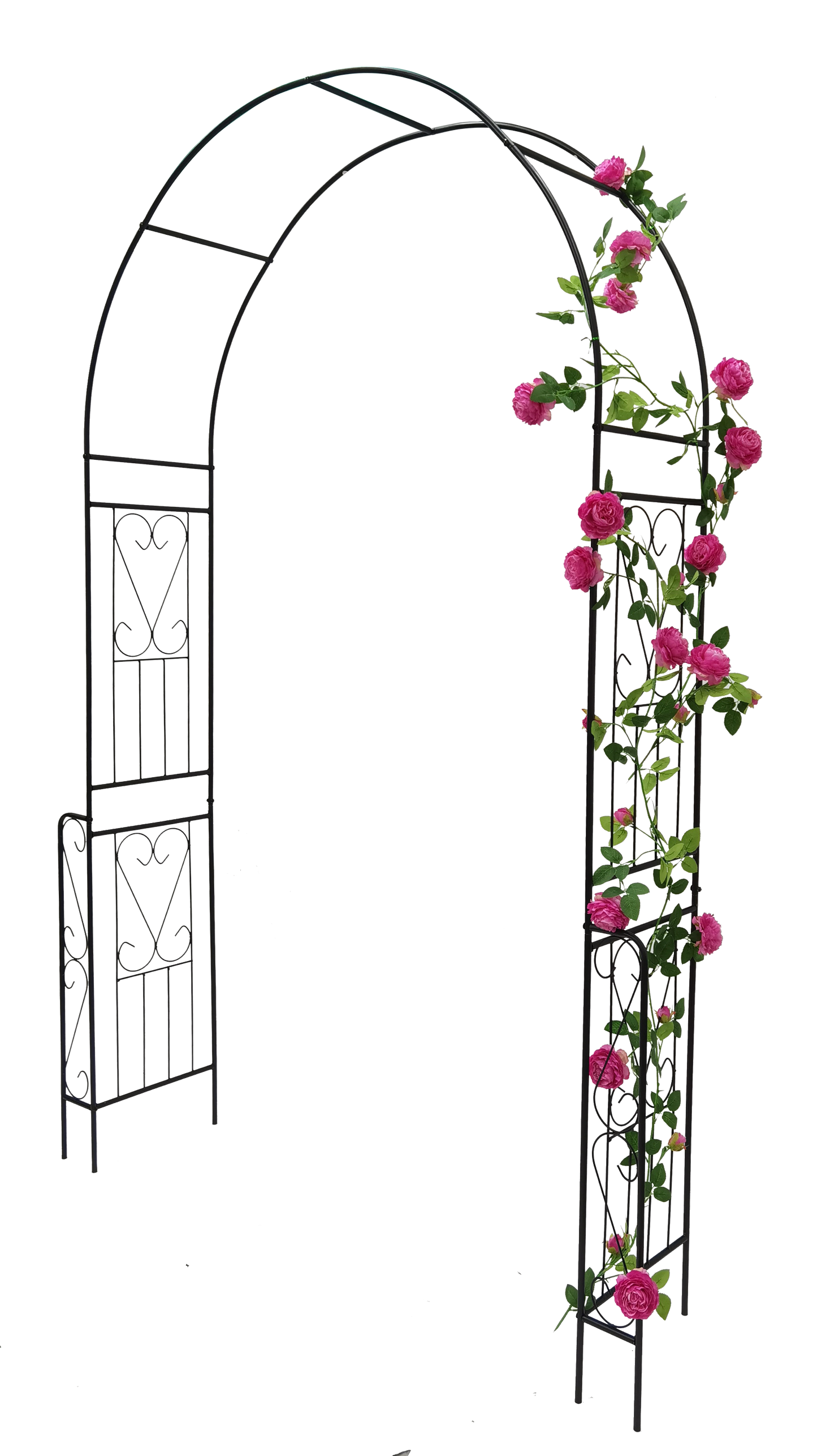 Black wrought iron garden arch trellis with pink rose vines ideal for pathways