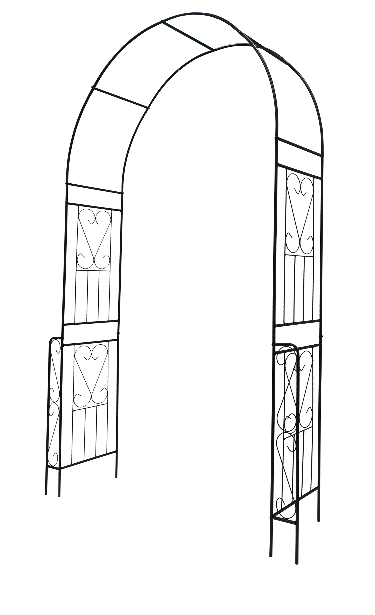 Black metal garden arch with ornate scrollwork for climbing plants