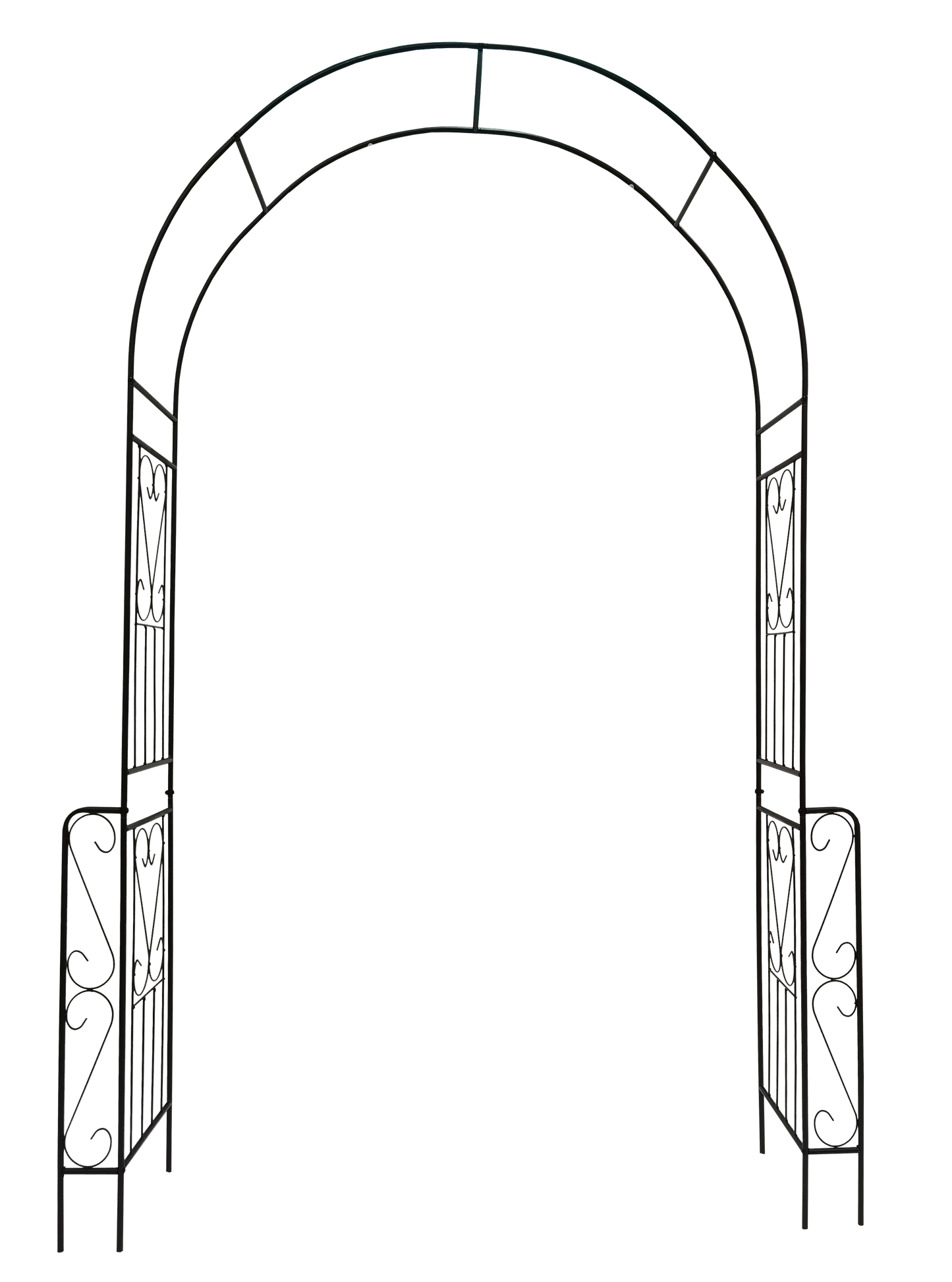 Black metal garden arch with decorative scrollwork ideal for entrances