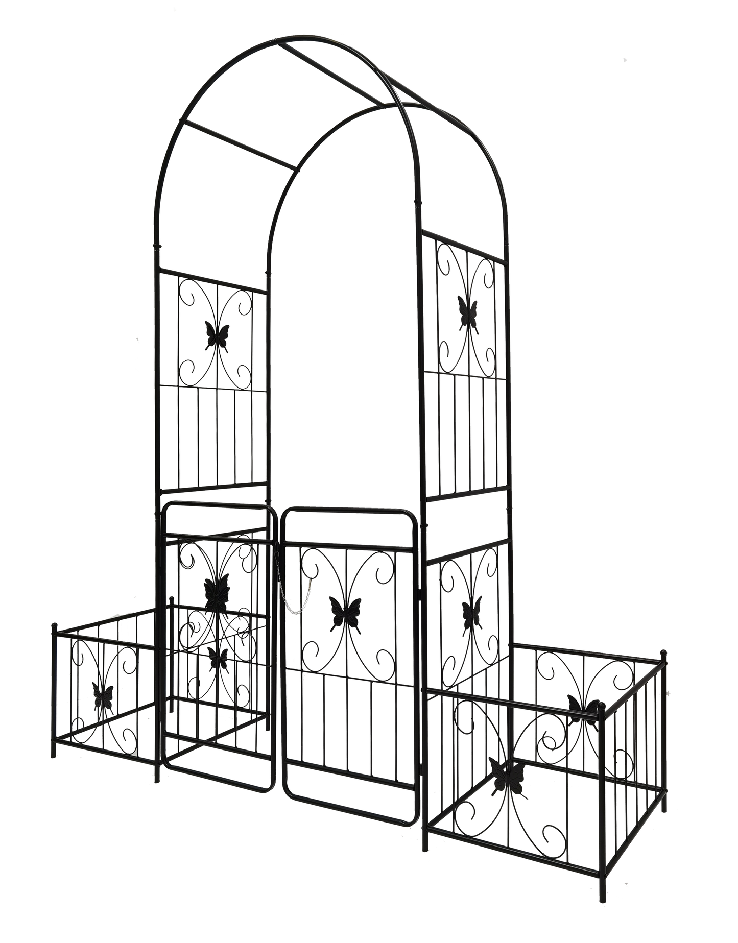 Black metal garden archway with intricate butterfly scrollwork perfect for pathways