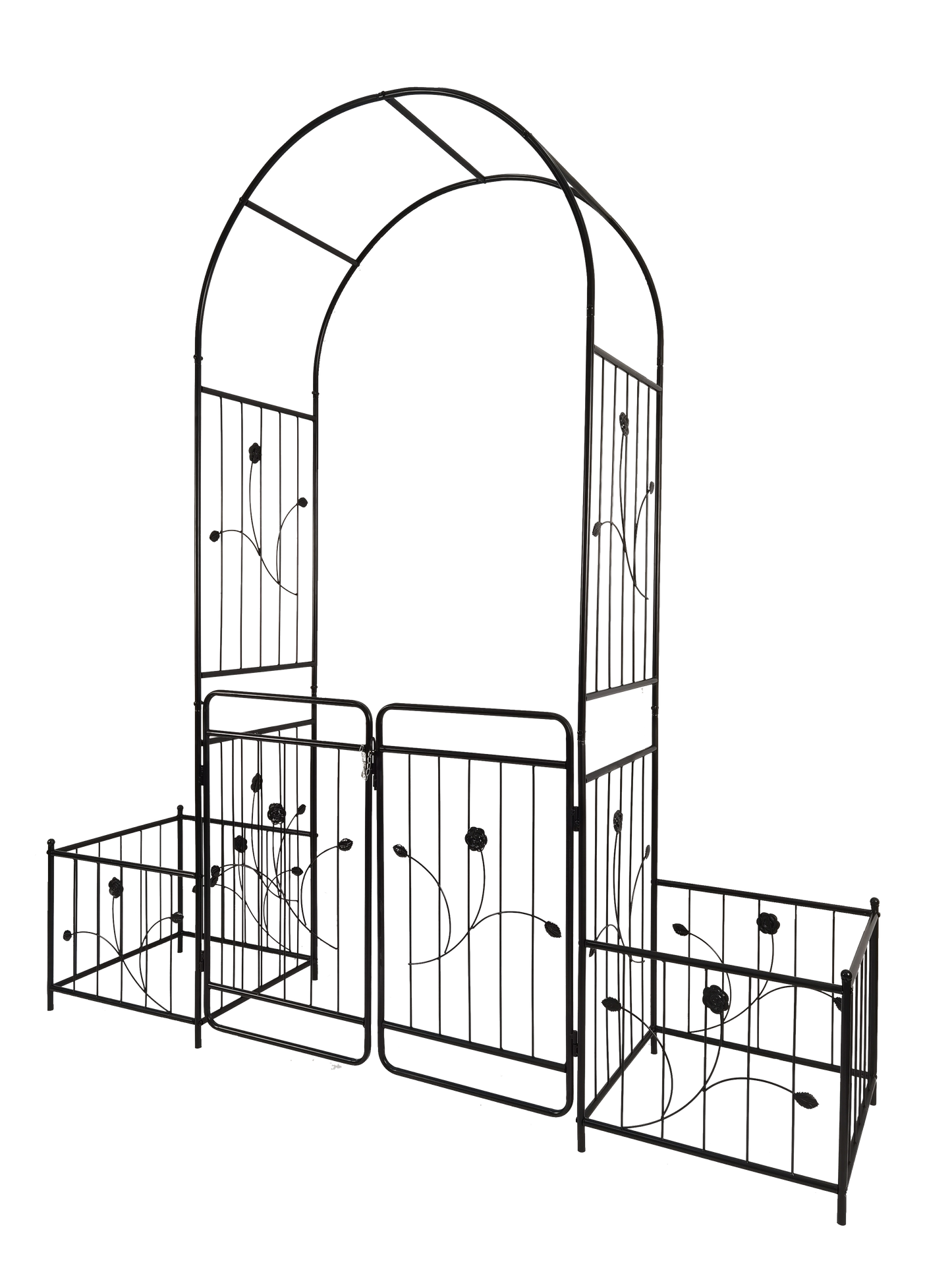 Black wrought iron garden arch with decorative floral scrolls and matching side panels