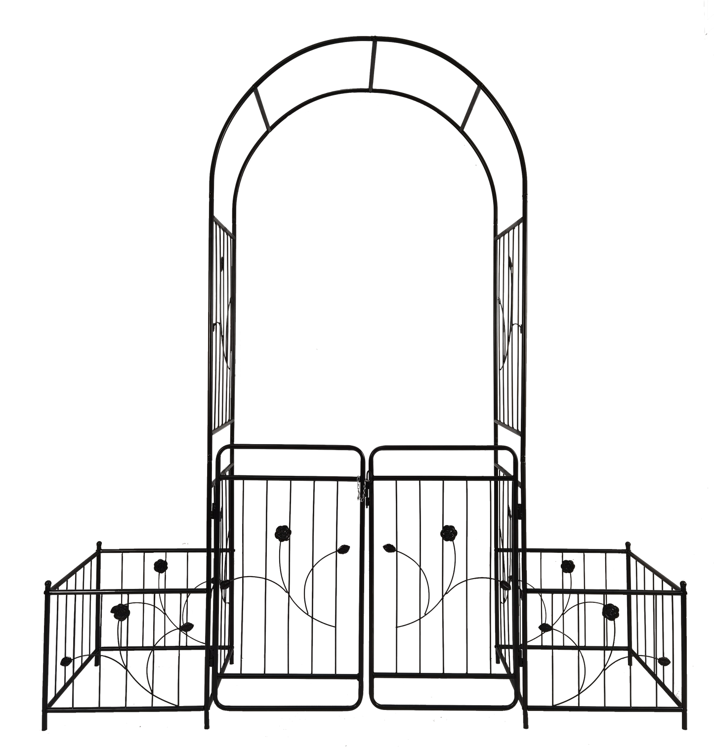 Black metal garden arch with decorative rose scrollwork and side gates for a pathway