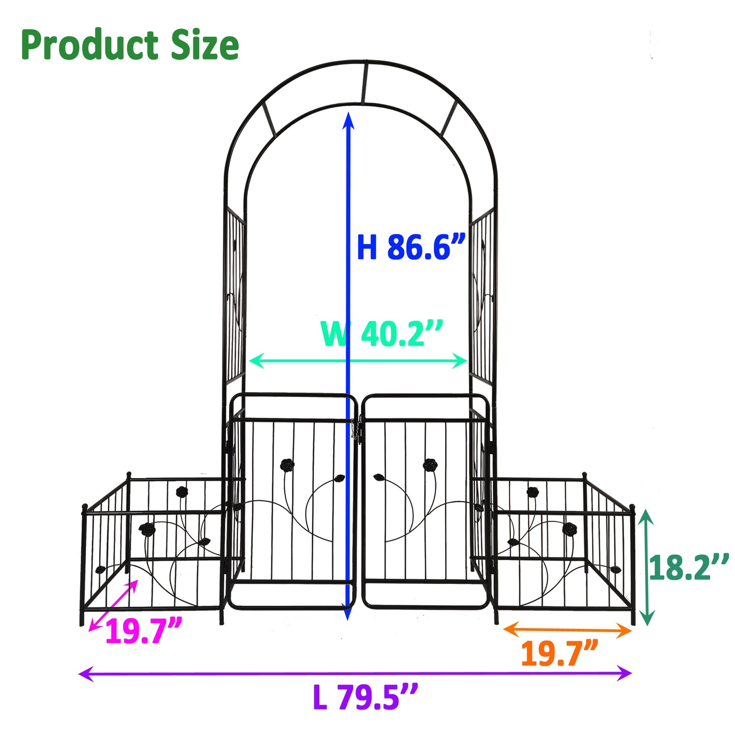 Black metal garden arch with decorative scrollwork height inches