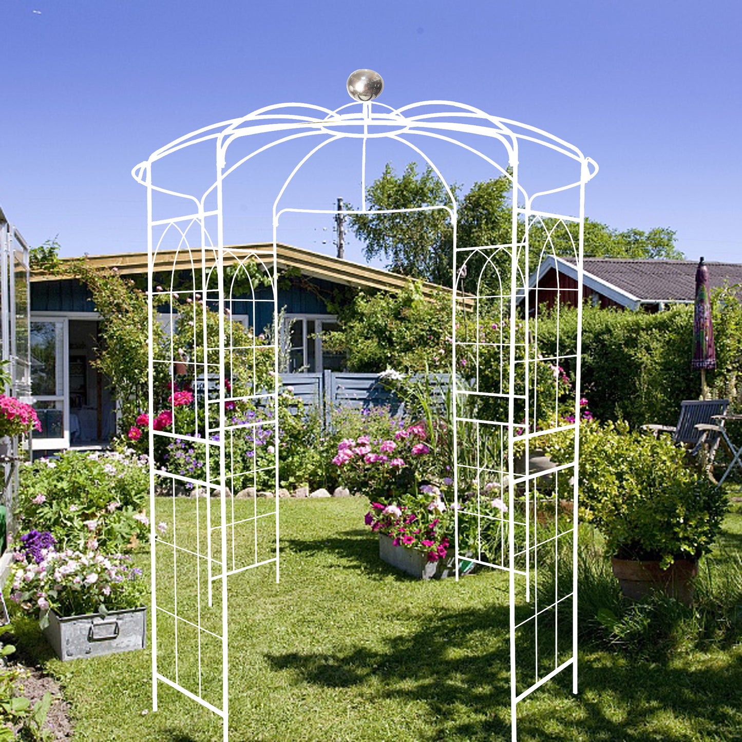 White metal garden arch with decorative finial ideal for pathways