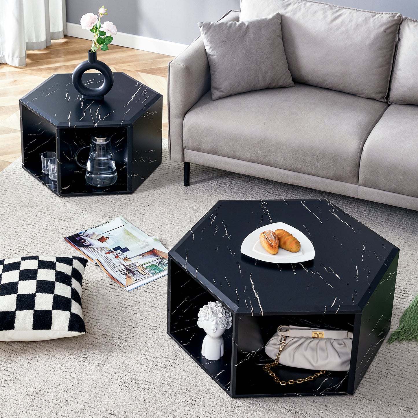 Modern black marble hexagonal coffee table with open storage for living room