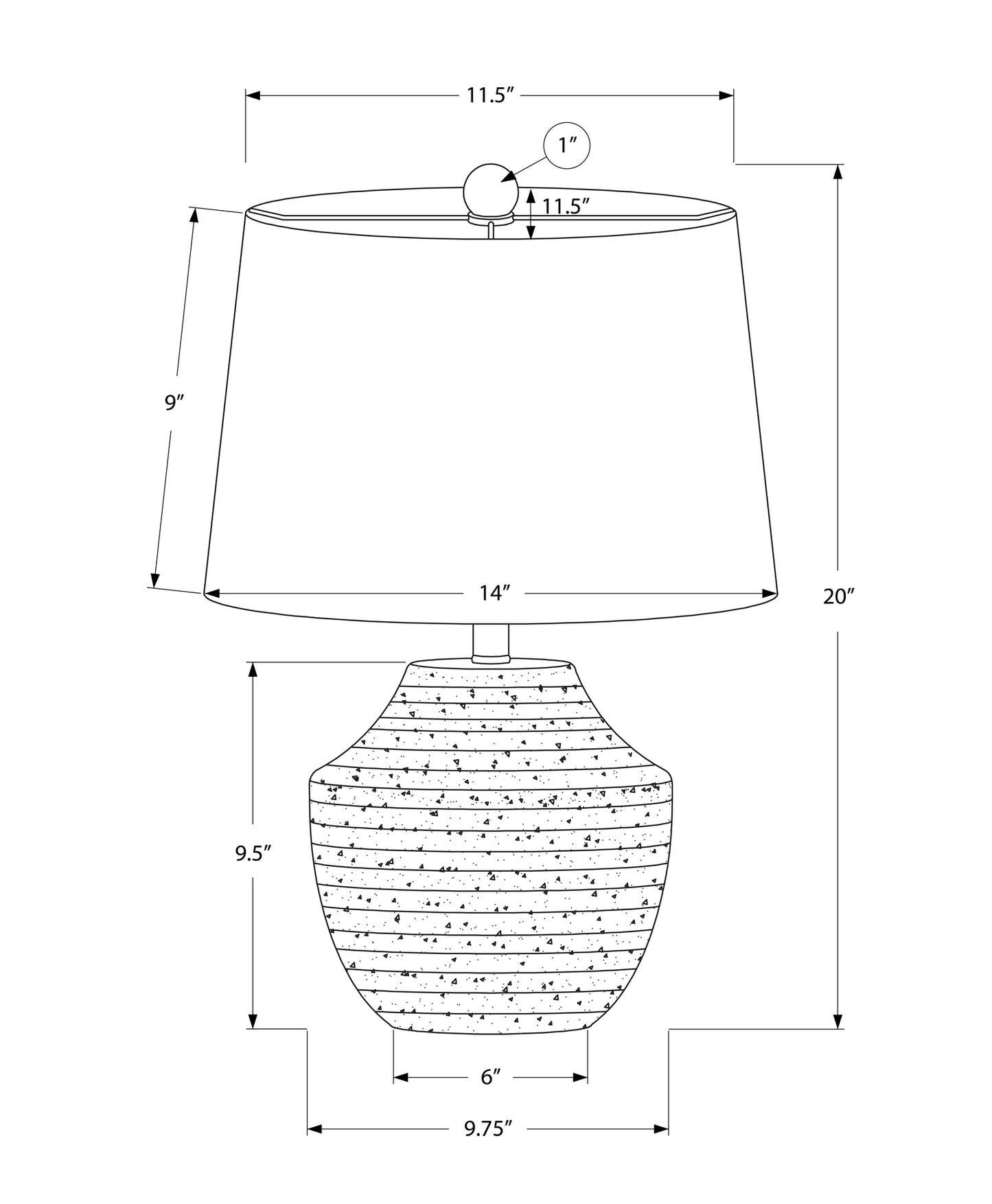 Textured ceramic table lamp with a white drum shade and detailed dimensions