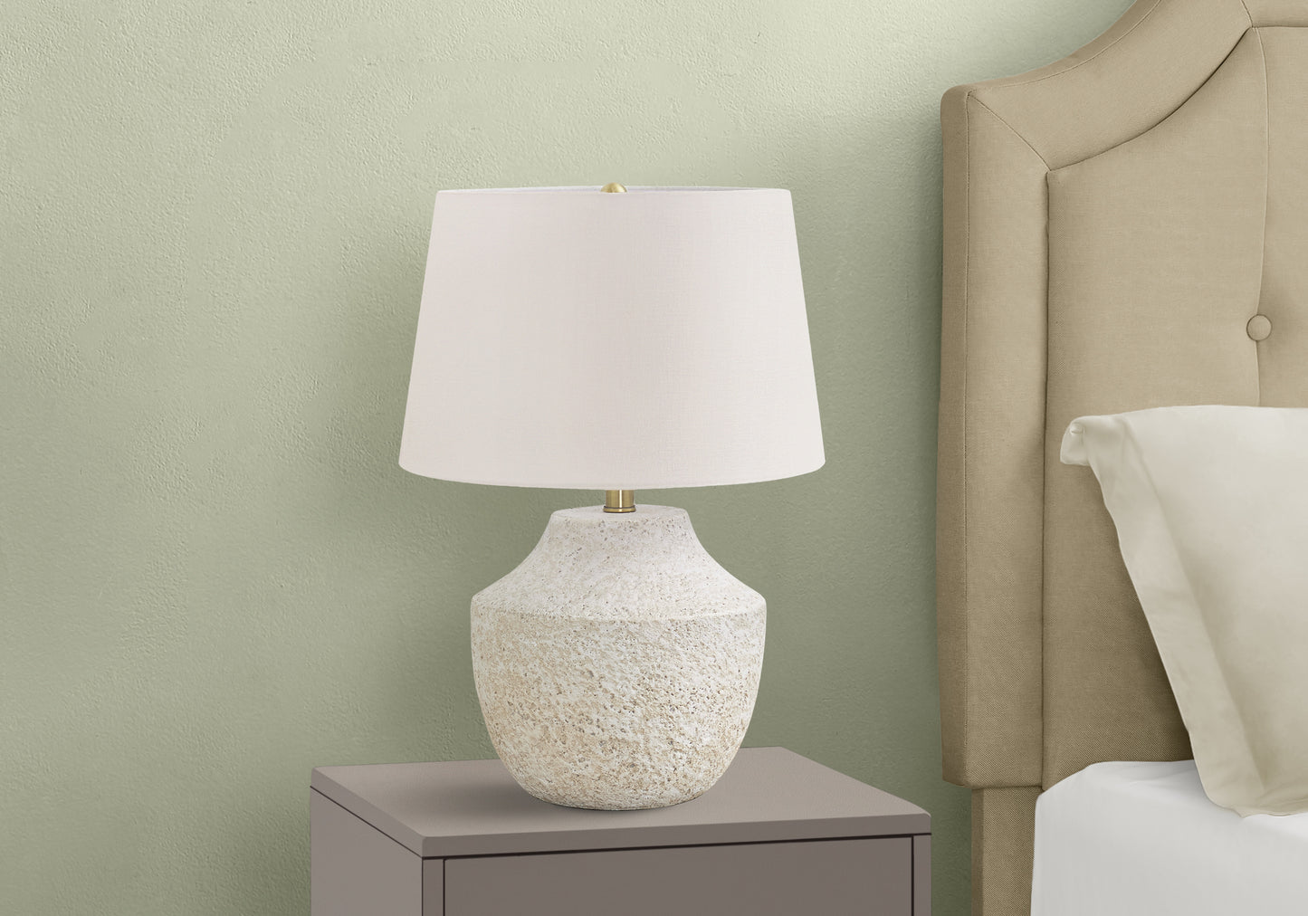 Textured white ceramic bedside table lamp with linen shade