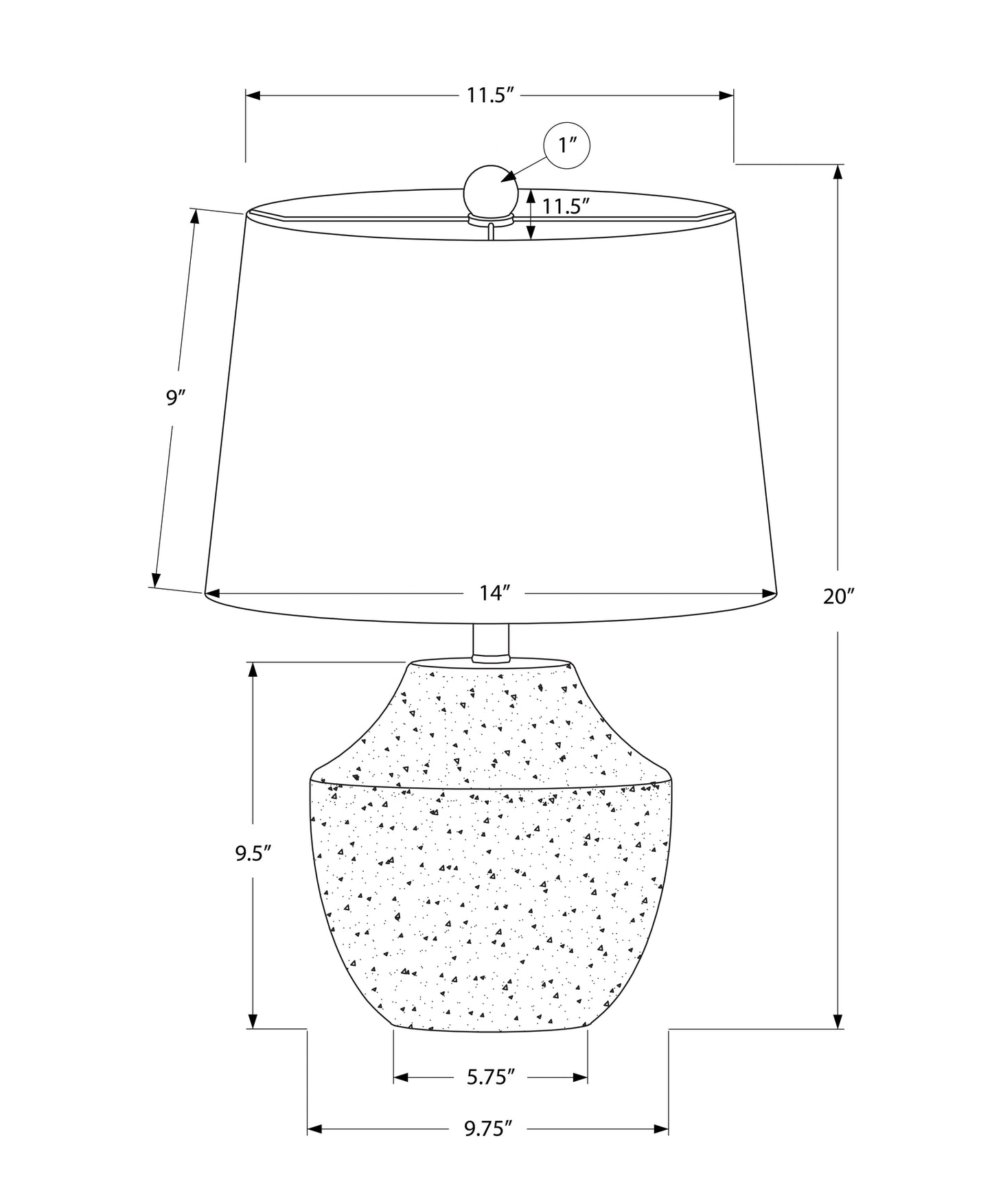 Line drawing of a textured table lamp inches tall with a inch diameter shade