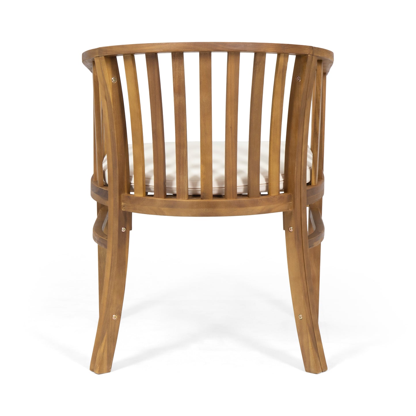 Wooden outdoor chair with a slatted back and beige cushion perfect for patio use