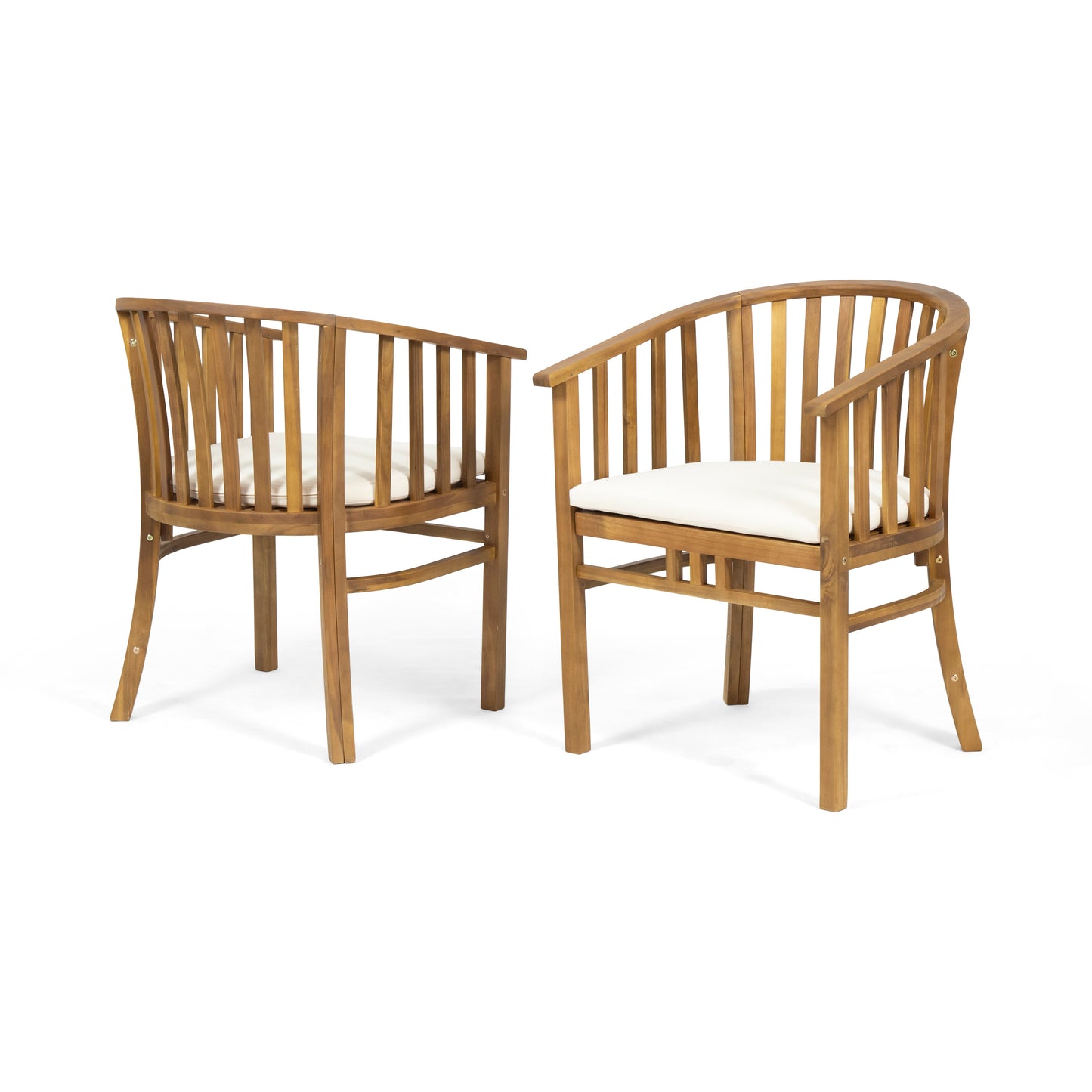 Two classic wooden armchairs with white cushions perfect for patio seating