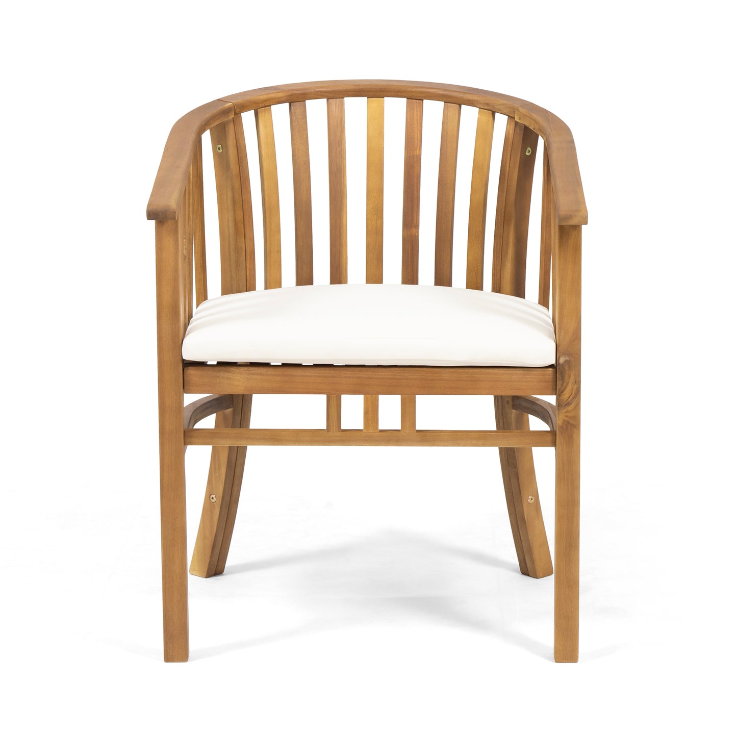 Wooden patio chair with white seat cushion curved back and armrests
