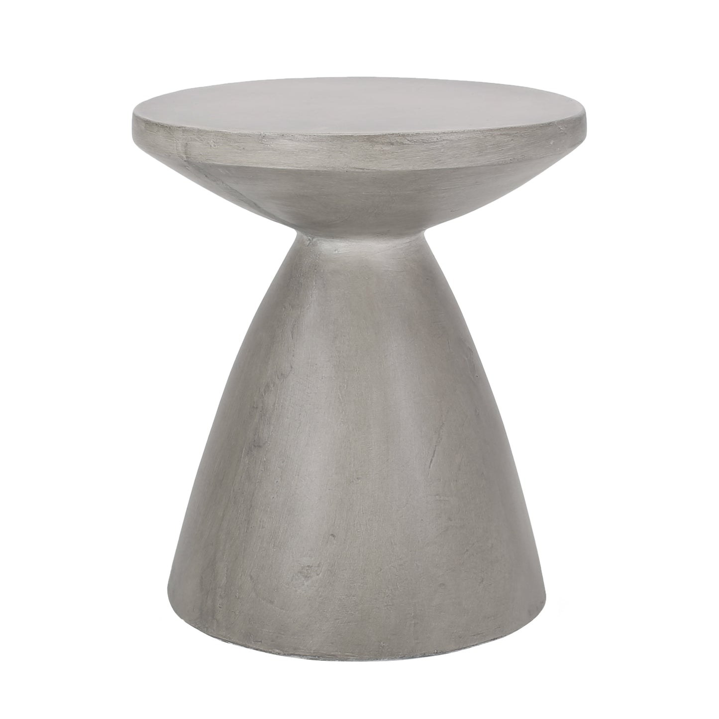 Modern grey concrete hourglass side table with a smooth top and textured base