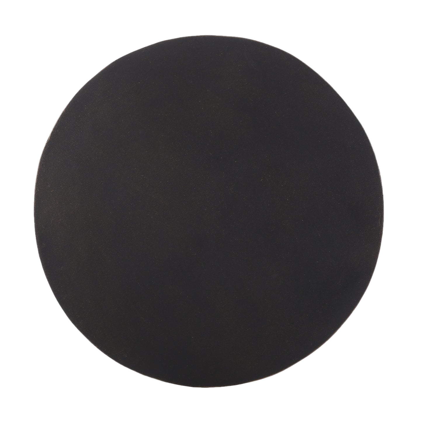 Dark grey circular metal coaster with a matte finish