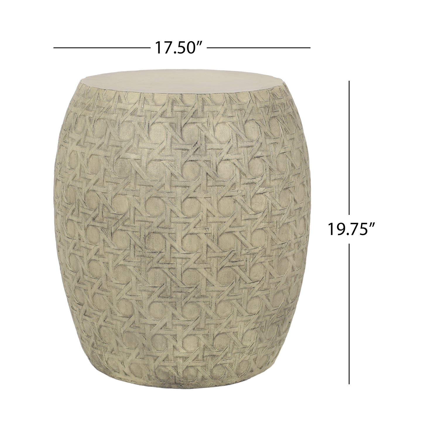 Light beige ceramic drum stool with carved woven texture and natural finish