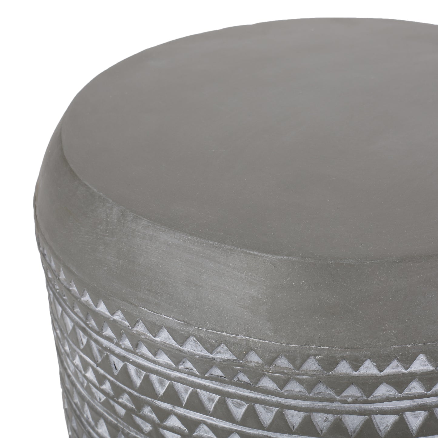 Textured grey concrete garden stool with embossed geometric pattern