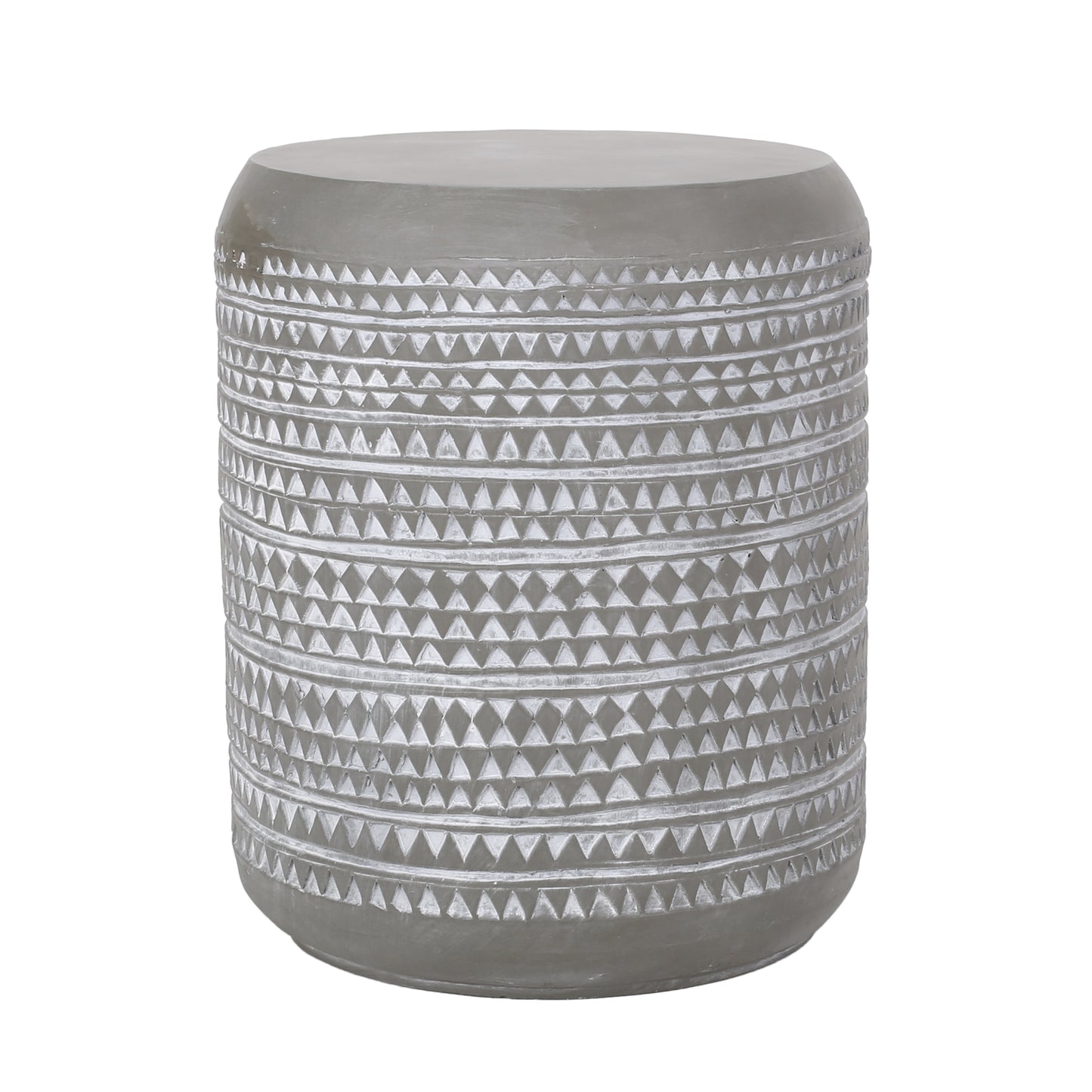 Gray cement garden stool with etched tribal pattern and textured bands