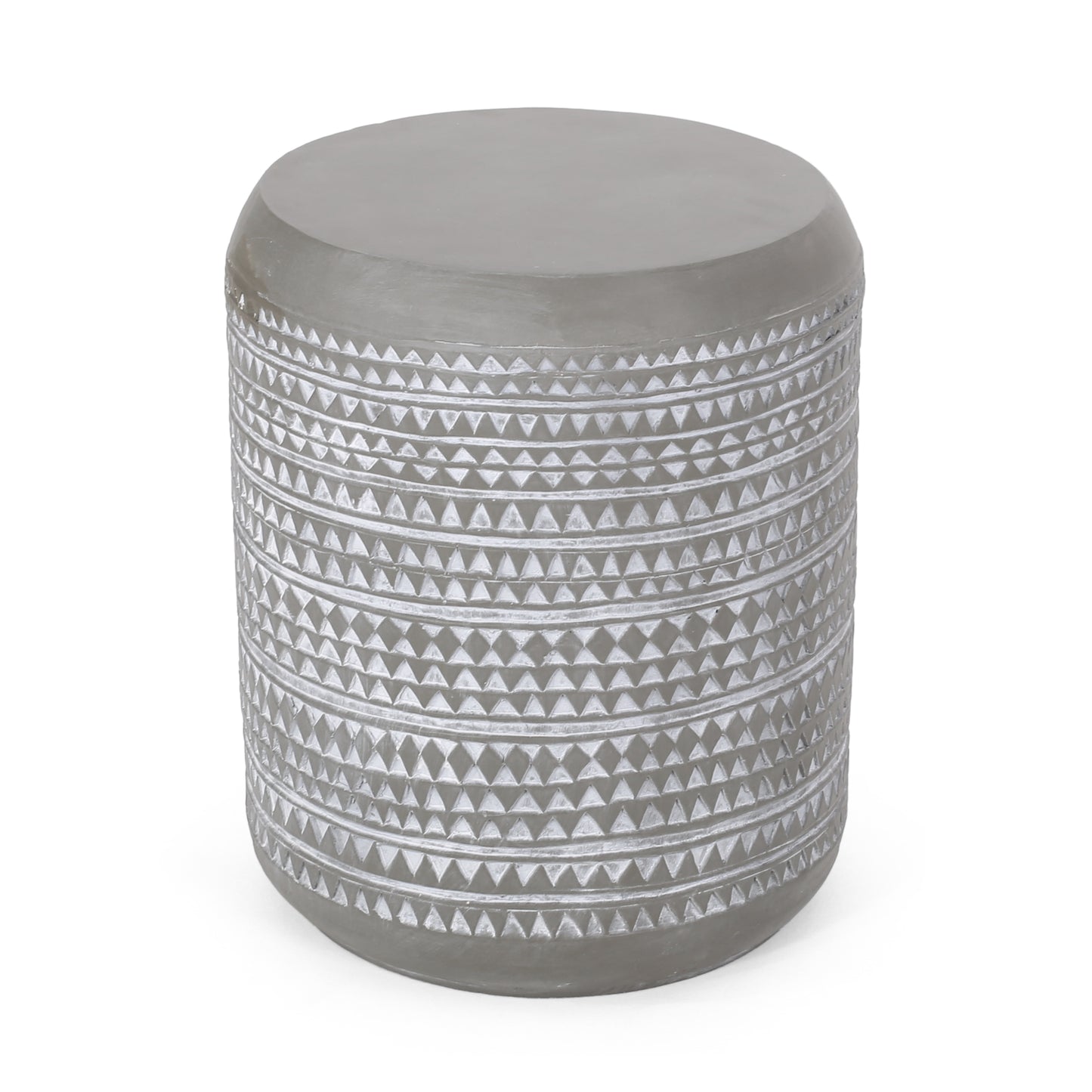 Grey concrete stool with geometric carved patterns suitable for indoor or outdoor use