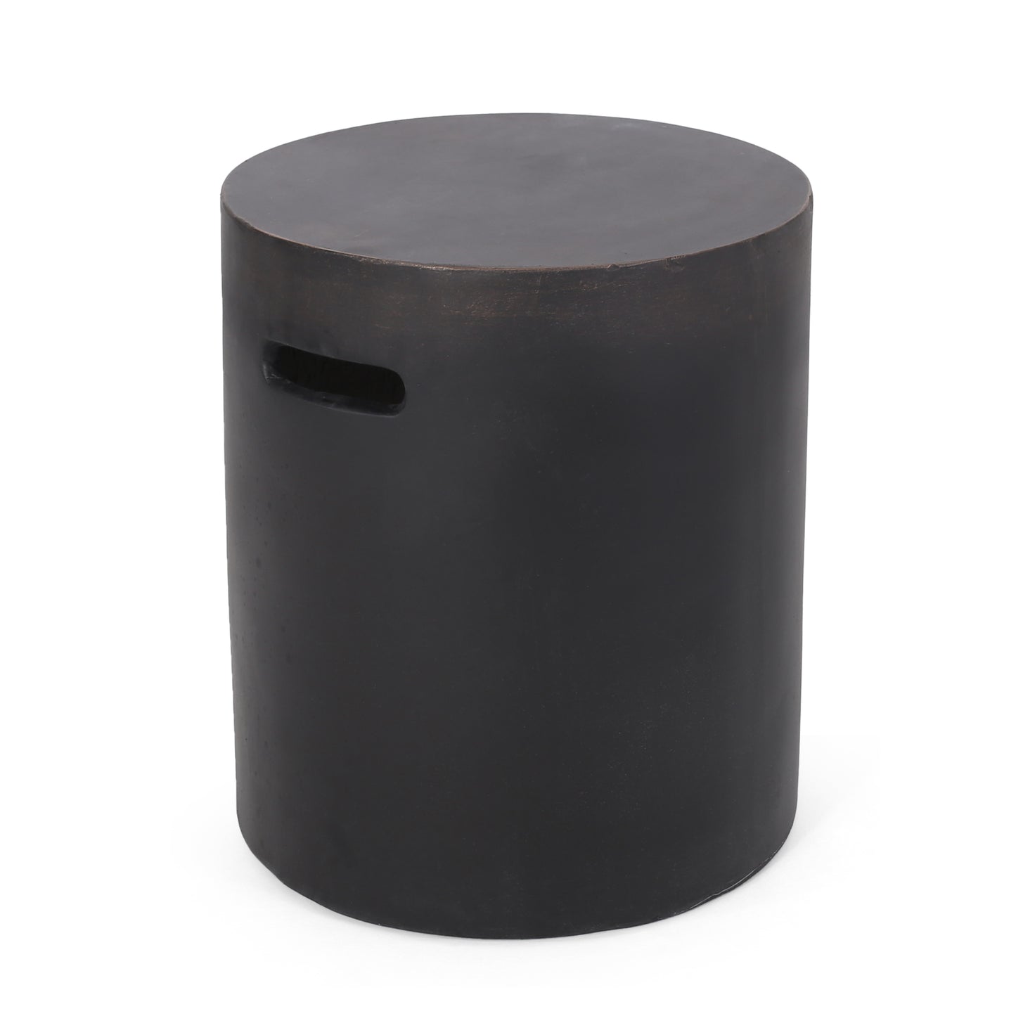 Dark gray concrete outdoor stool with cutout handles contemporary design