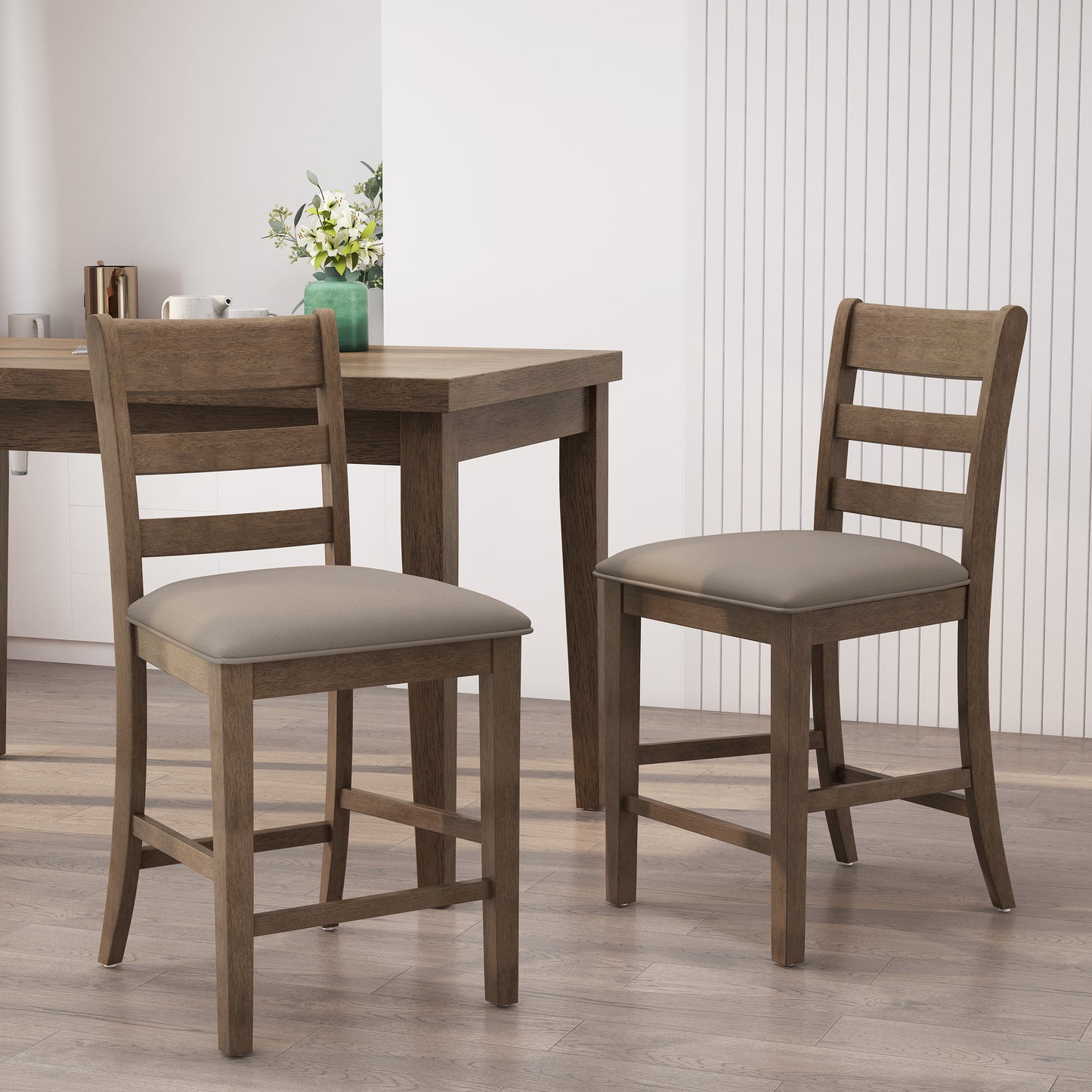 Rustic oak wood counter stool with upholstered grey seat and slatted back