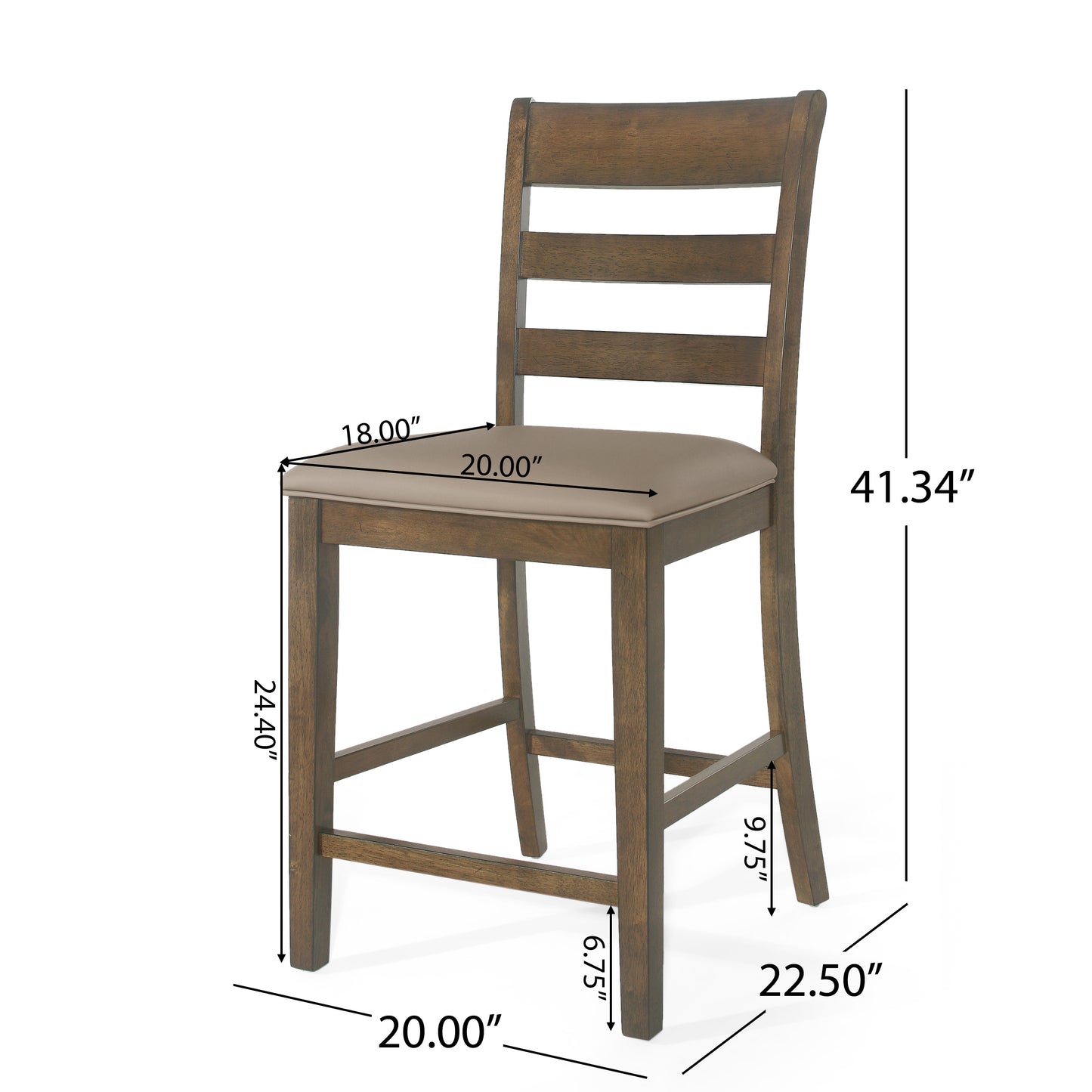 Brown wooden counter stool with a neutral upholstered seat and ladder back