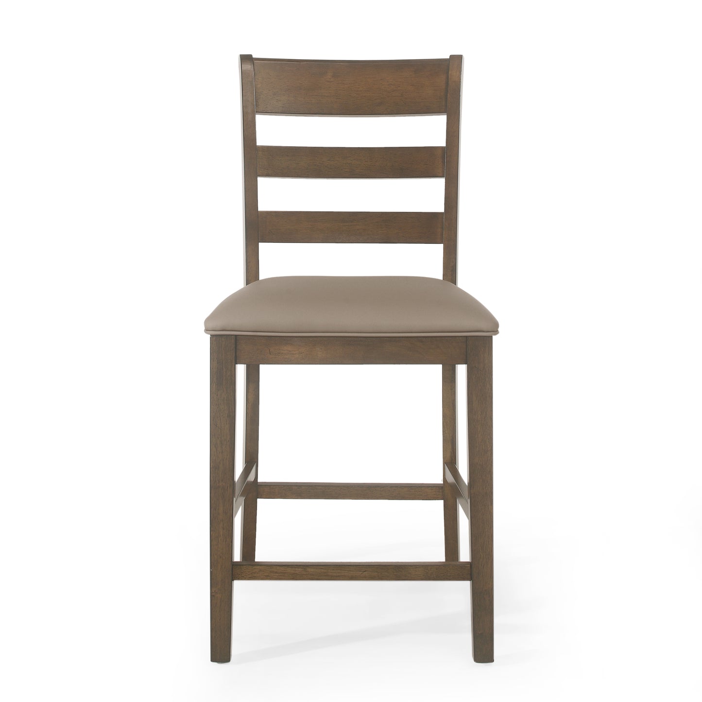 Wooden bar stool with horizontal slats back and taupe upholstered seat