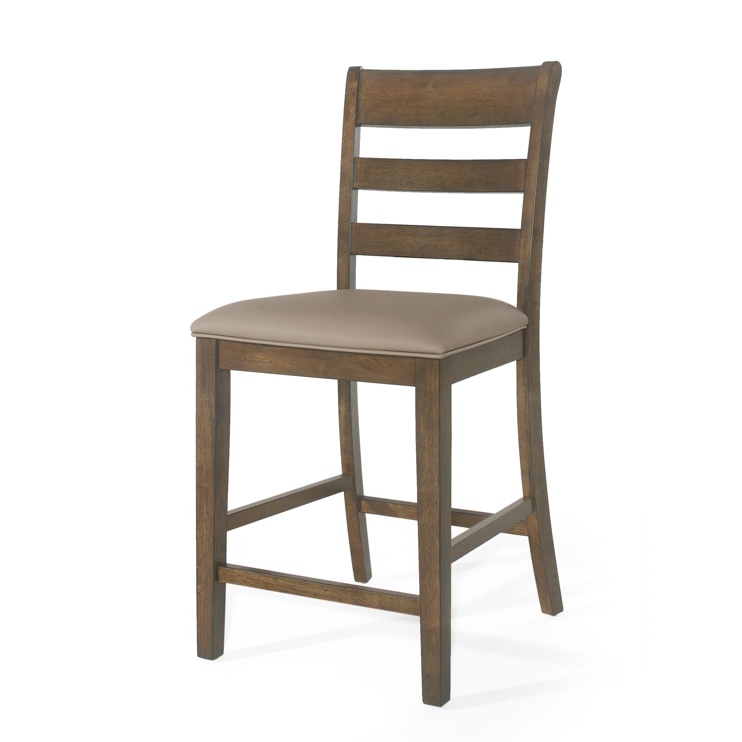 Dark wood counter stool with a taupe upholstered seat and ladder back design