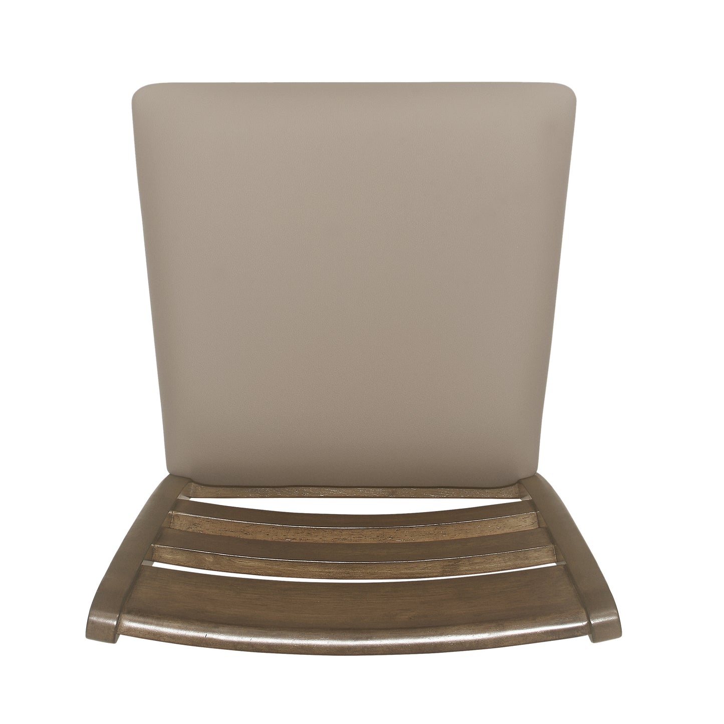 Top view of a grey upholstered dining chair with a slatted wood seat base