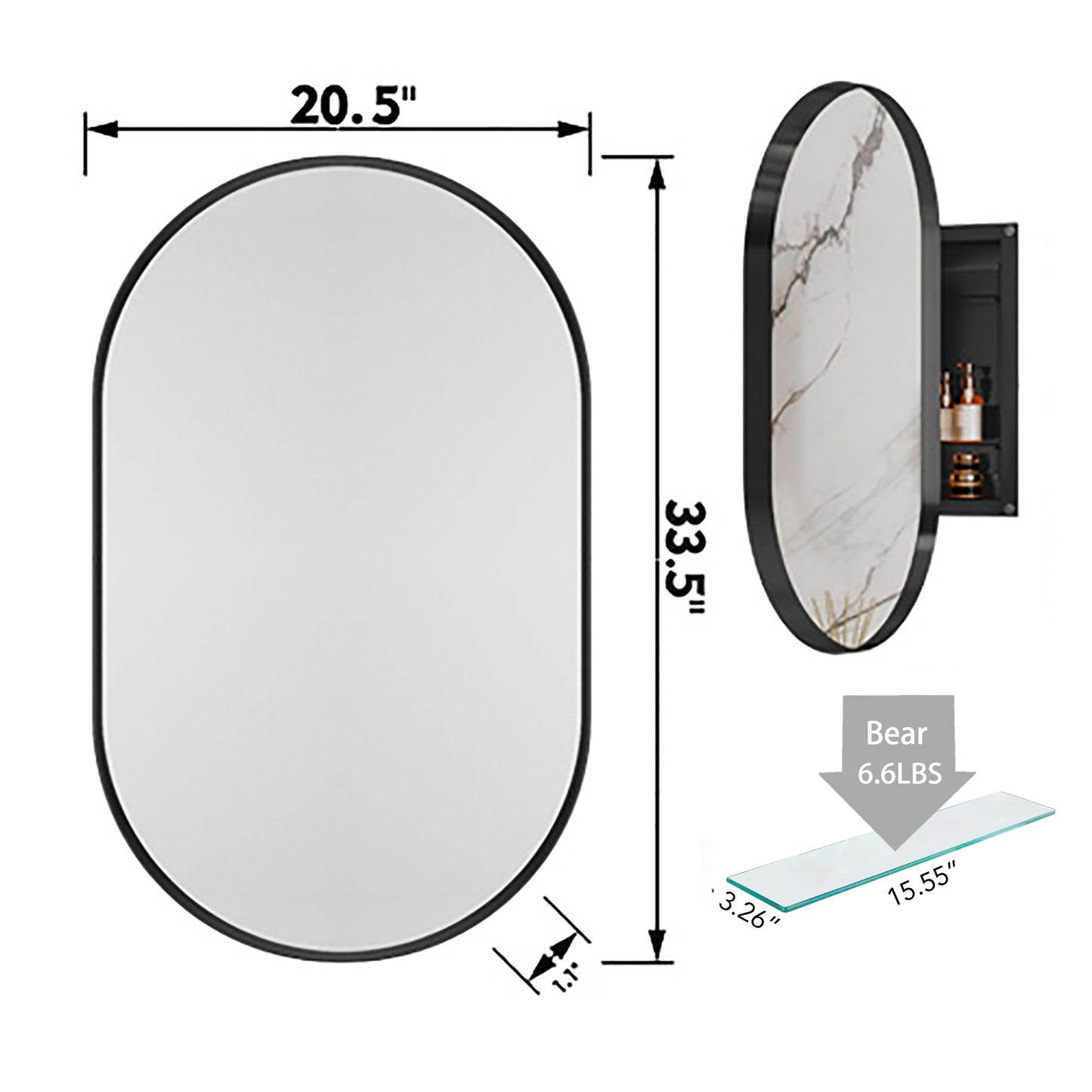 Oval black framed bathroom mirror with marble accent and storage shelf dimensions x