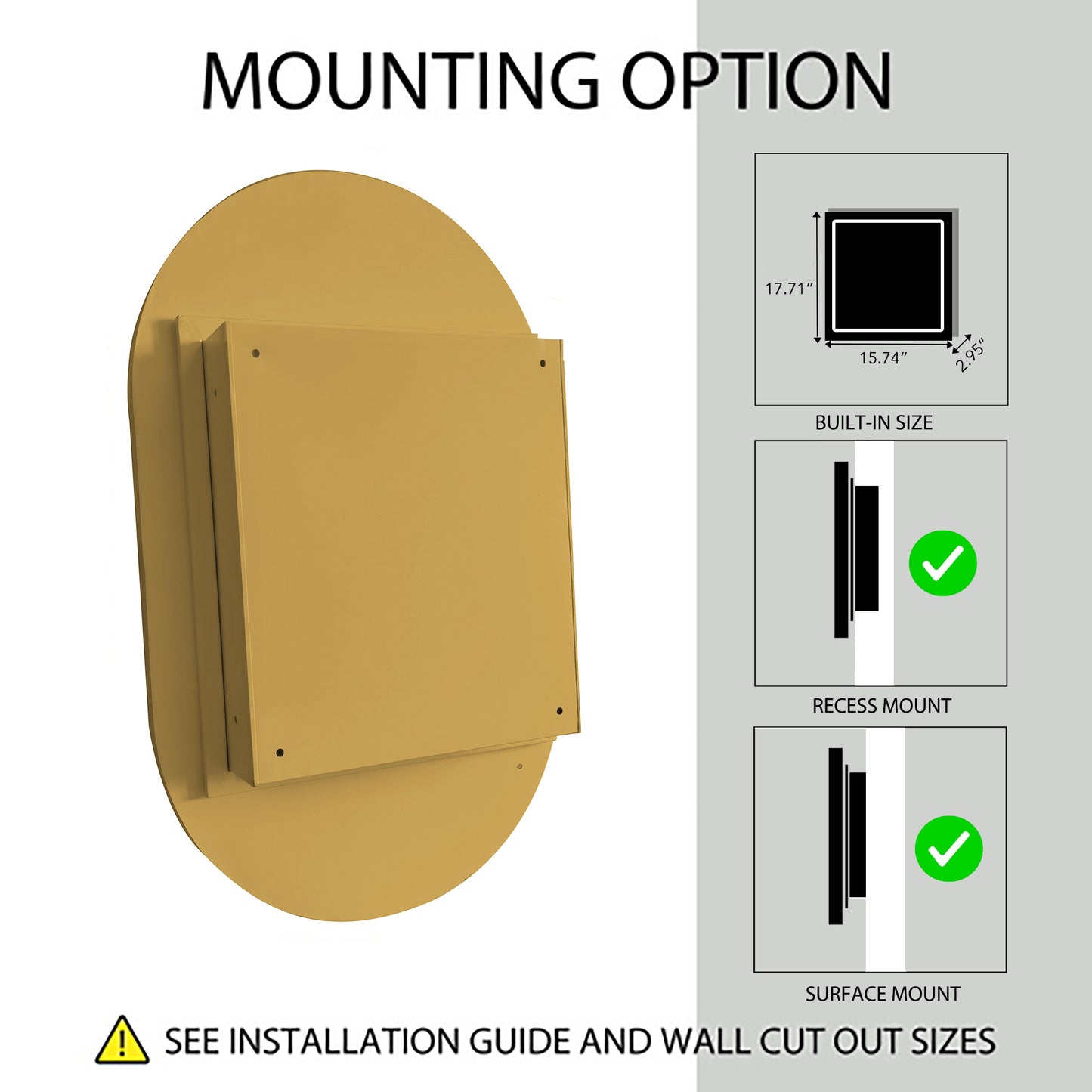 Gold oval mirror backing with mounting brackets and installation options shown