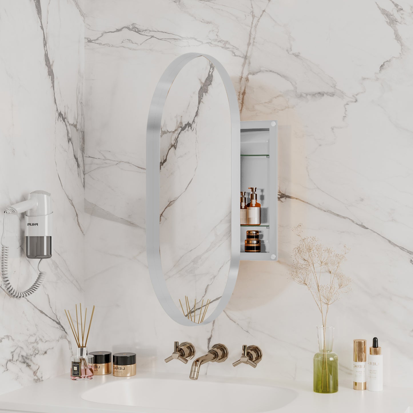 Oval chrome framed medicine cabinet with mirrored door and toiletries inside